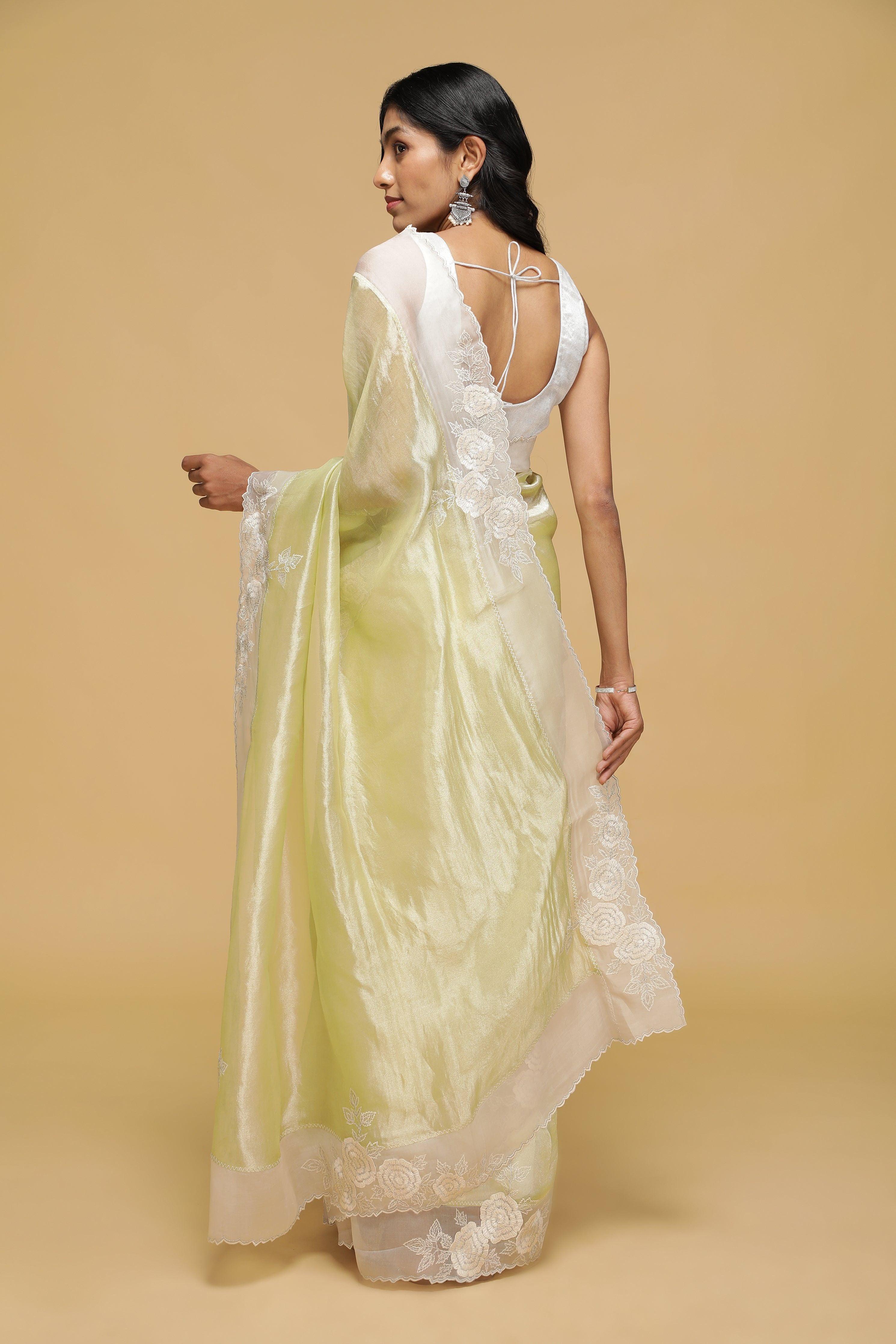 Sea Green Organza Saree with White Thread Border.