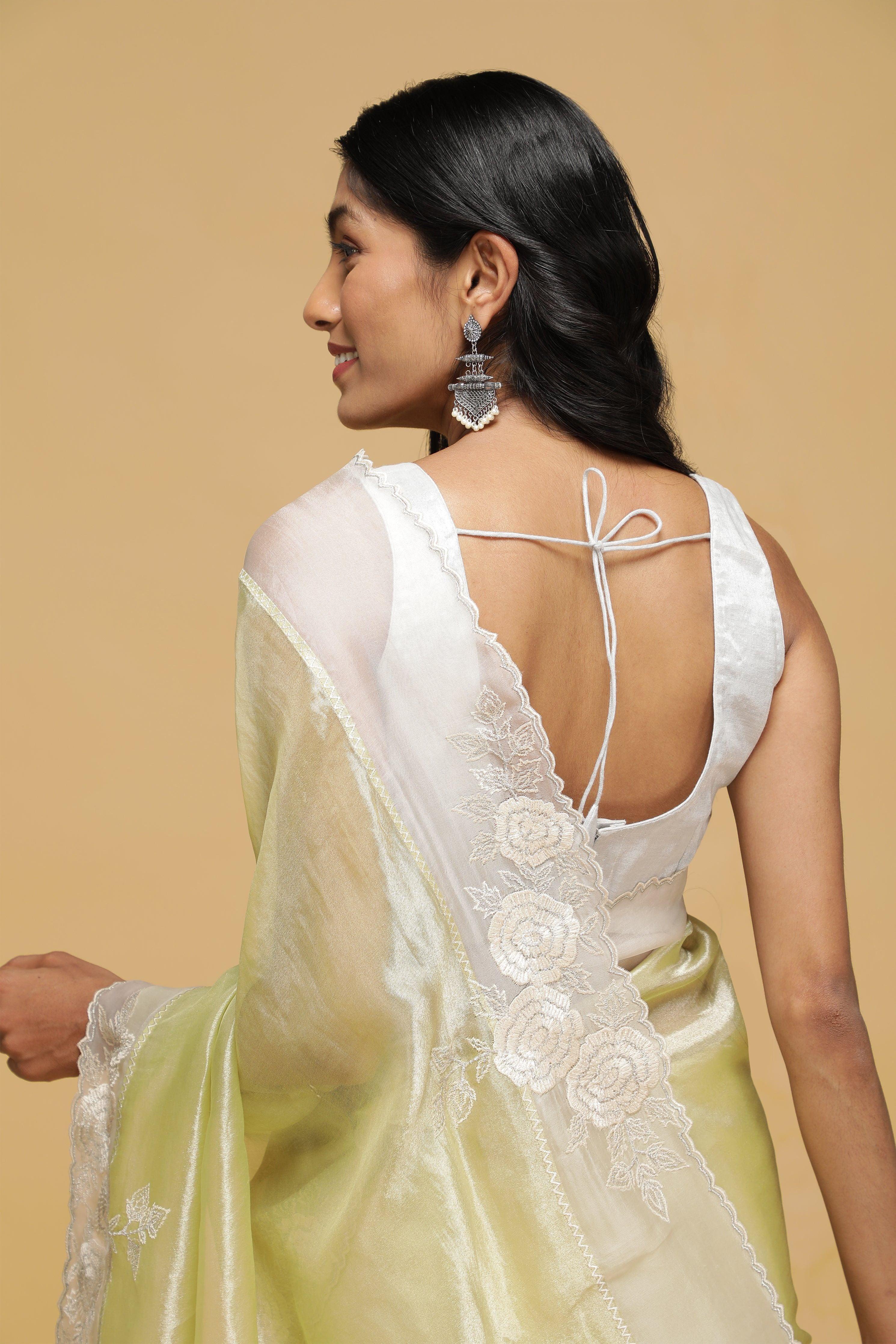 Sea Green Organza Saree with White Thread Border.
