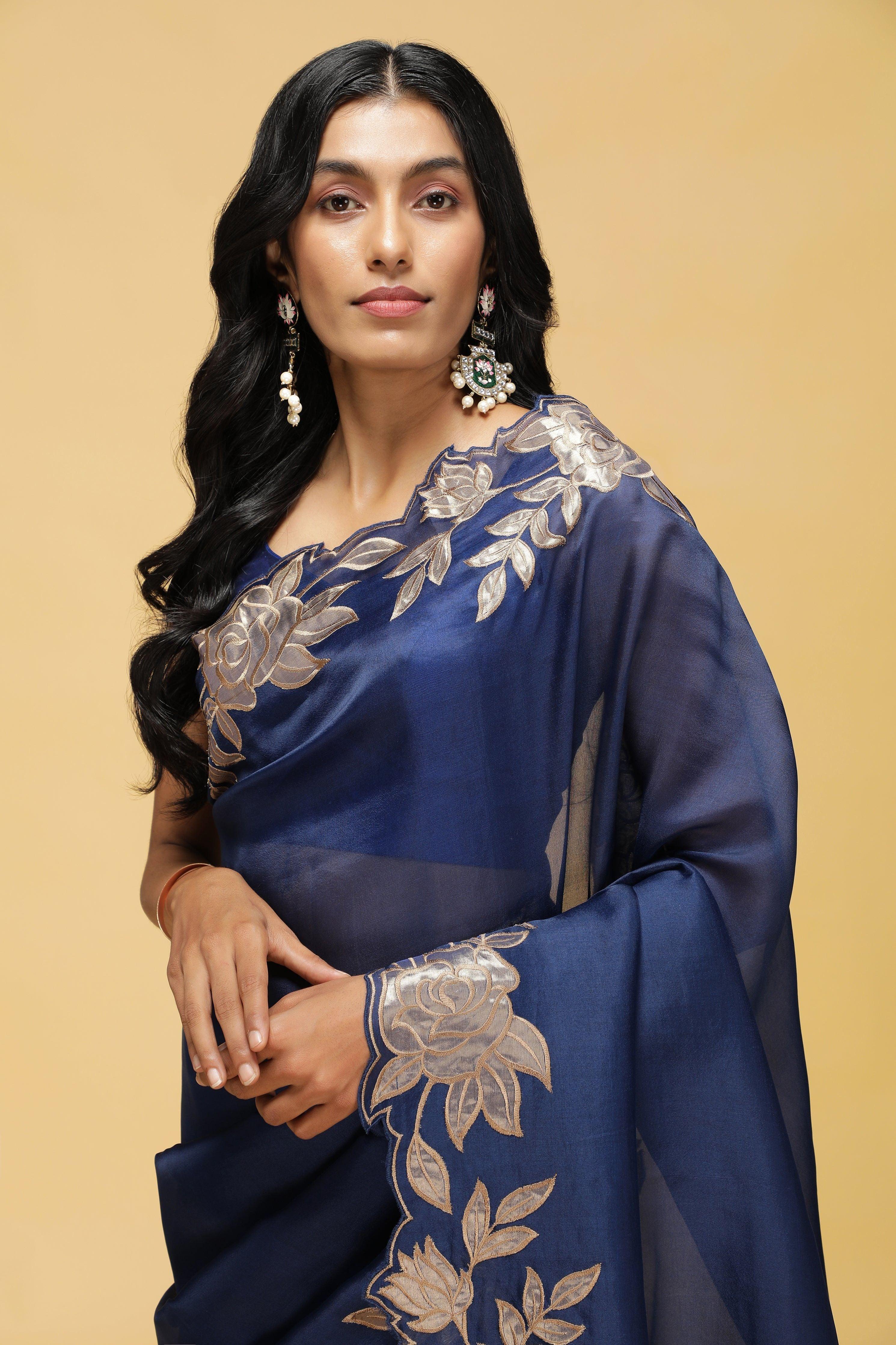 Royal Blue Organza Saree with Golden Floral Thread Work.