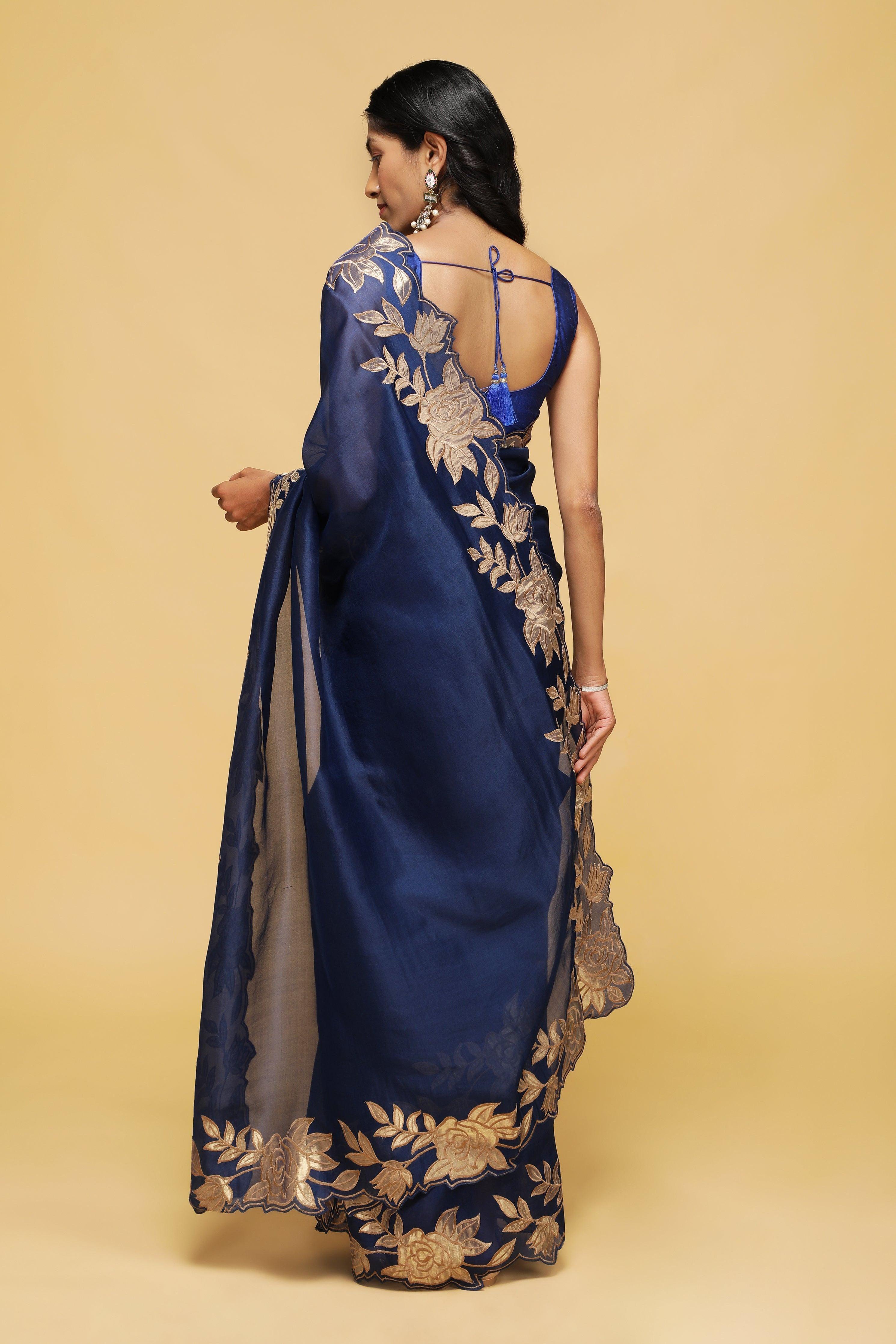 Royal Blue Organza Saree with Golden Floral Thread Work.