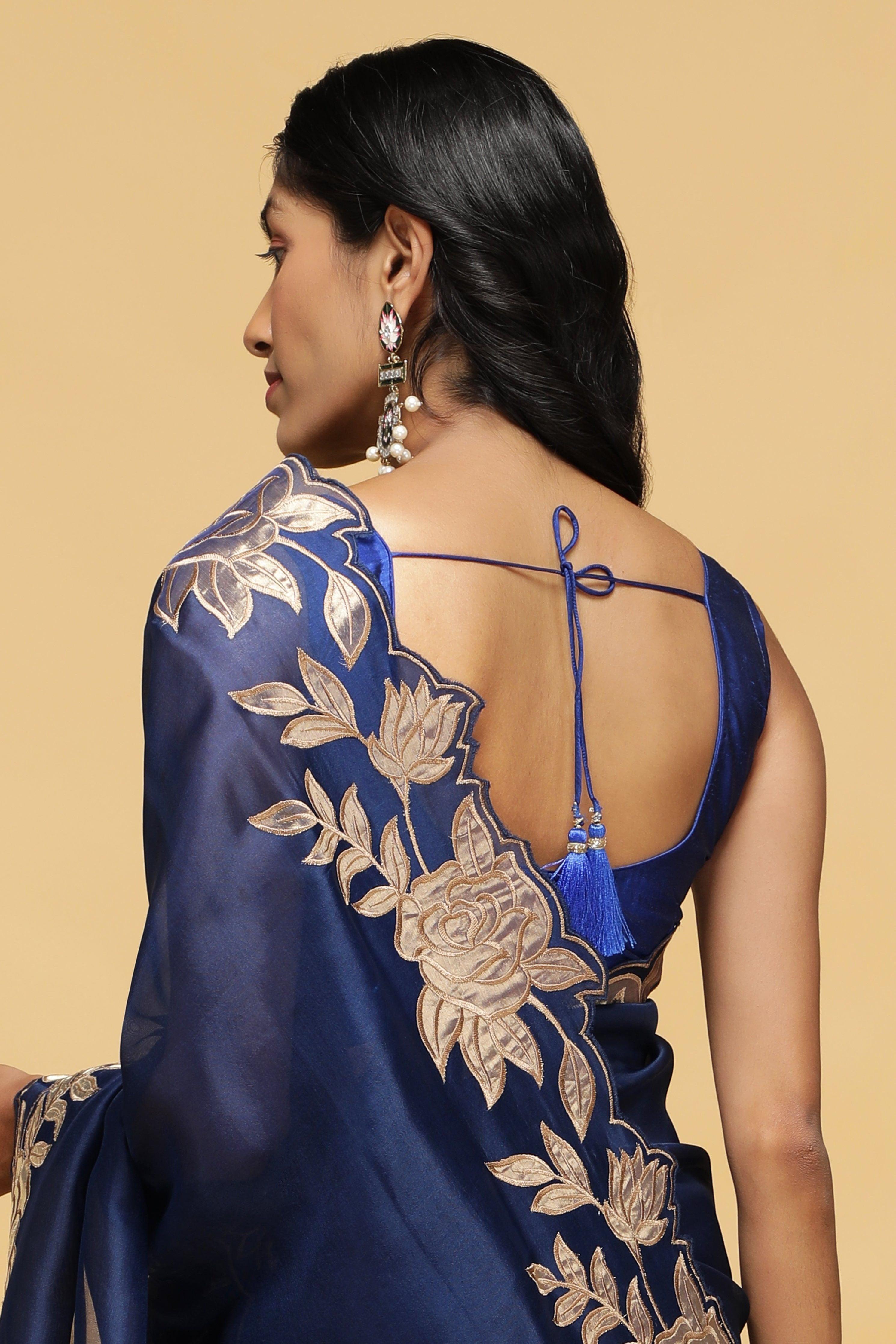 Royal Blue Organza Saree with Golden Floral Thread Work.