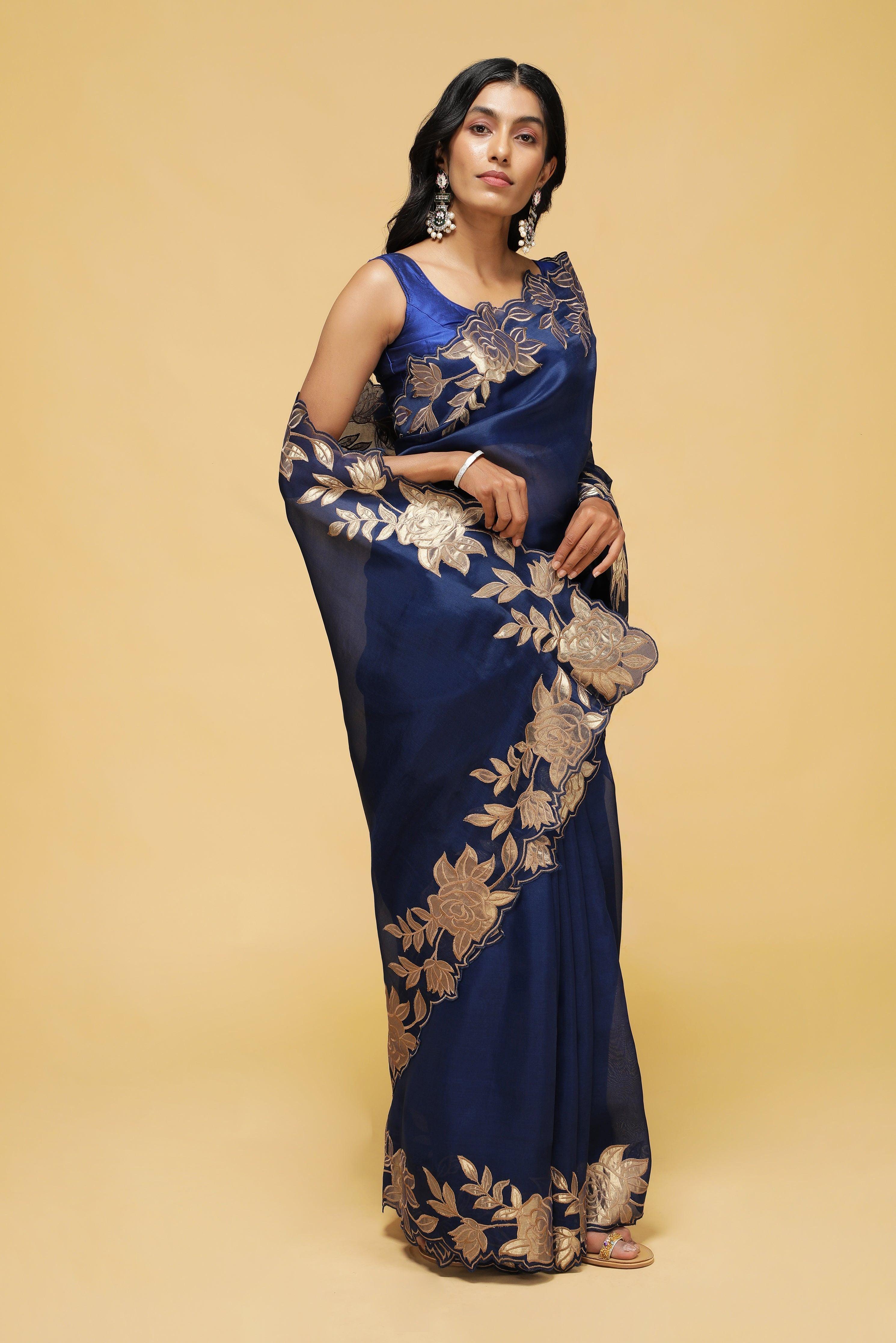 Royal Blue Organza Saree with Golden Floral Thread Work.