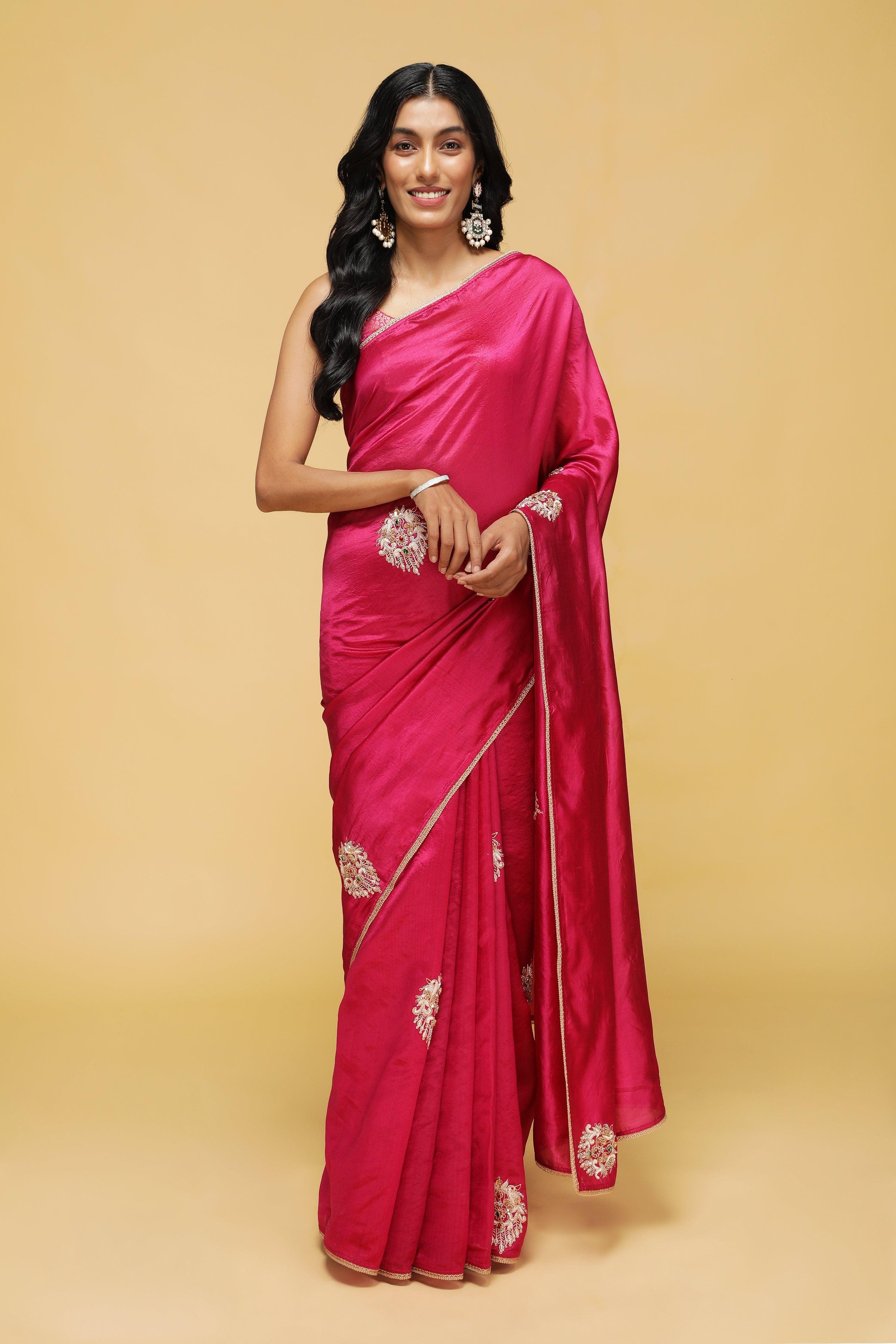 Magenta Pink Handloom Saree with Jardoshi & Stone Work.