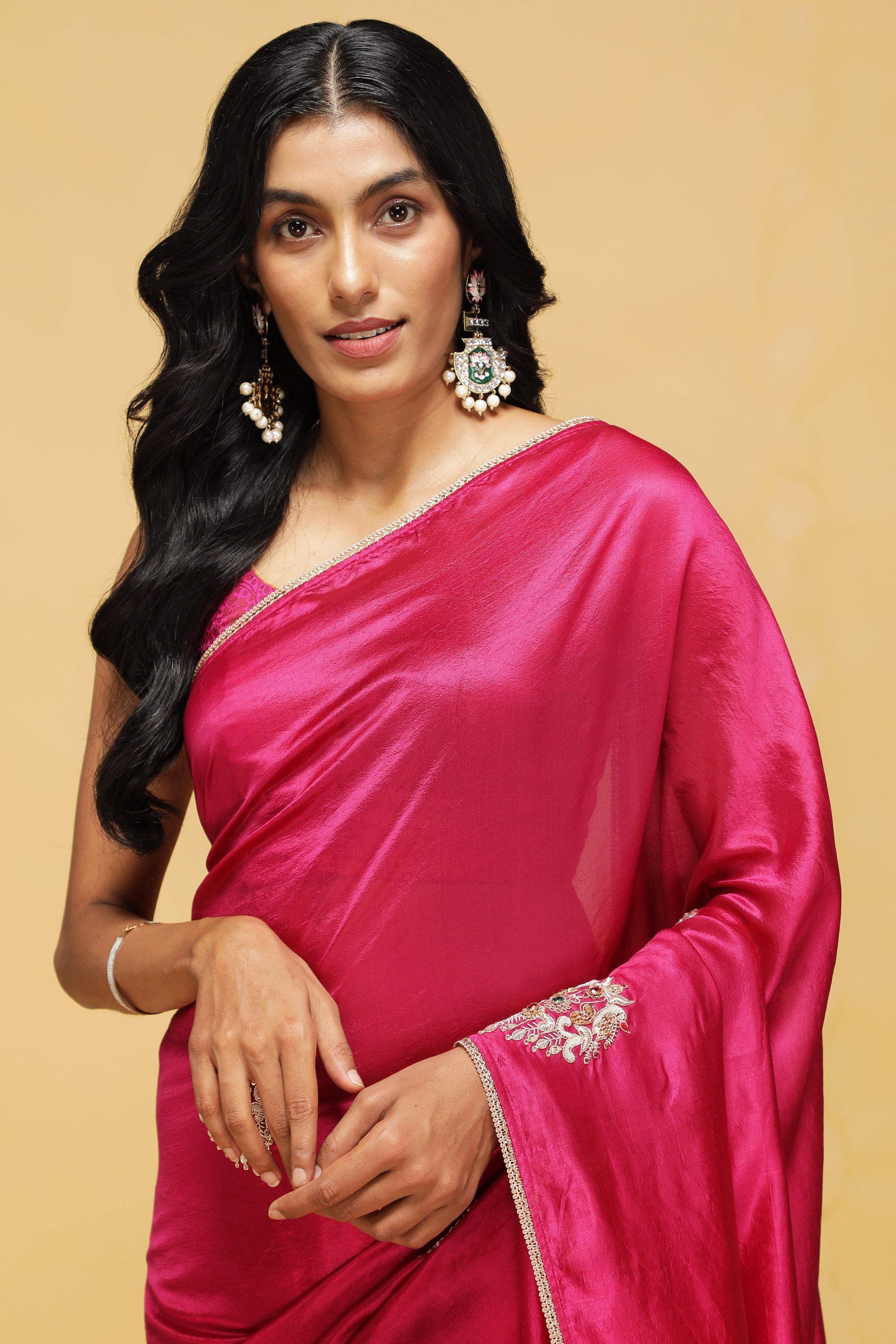 Magenta Pink Handloom Saree with Jardoshi & Stone Work.