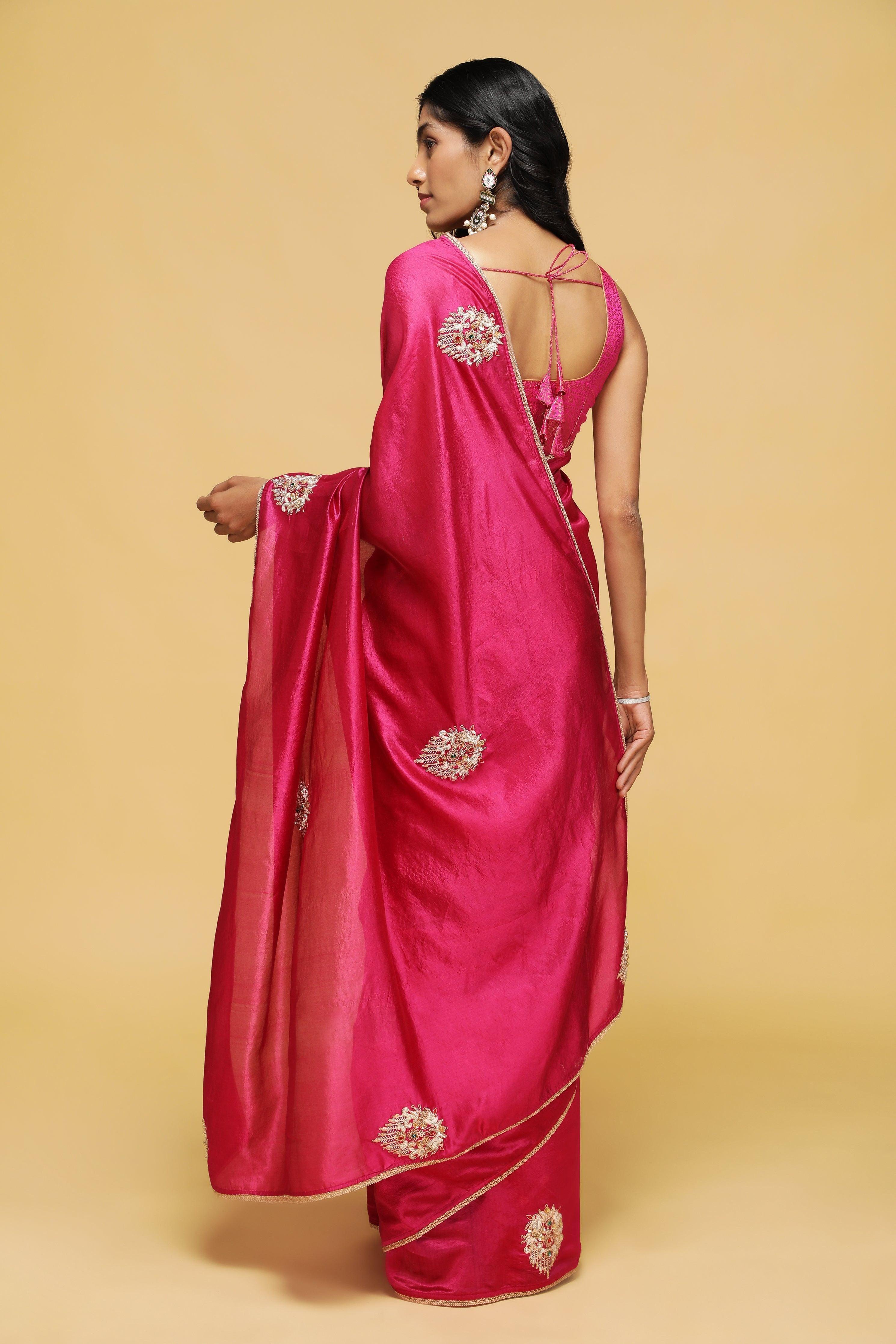 Magenta Pink Handloom Saree with Jardoshi & Stone Work.