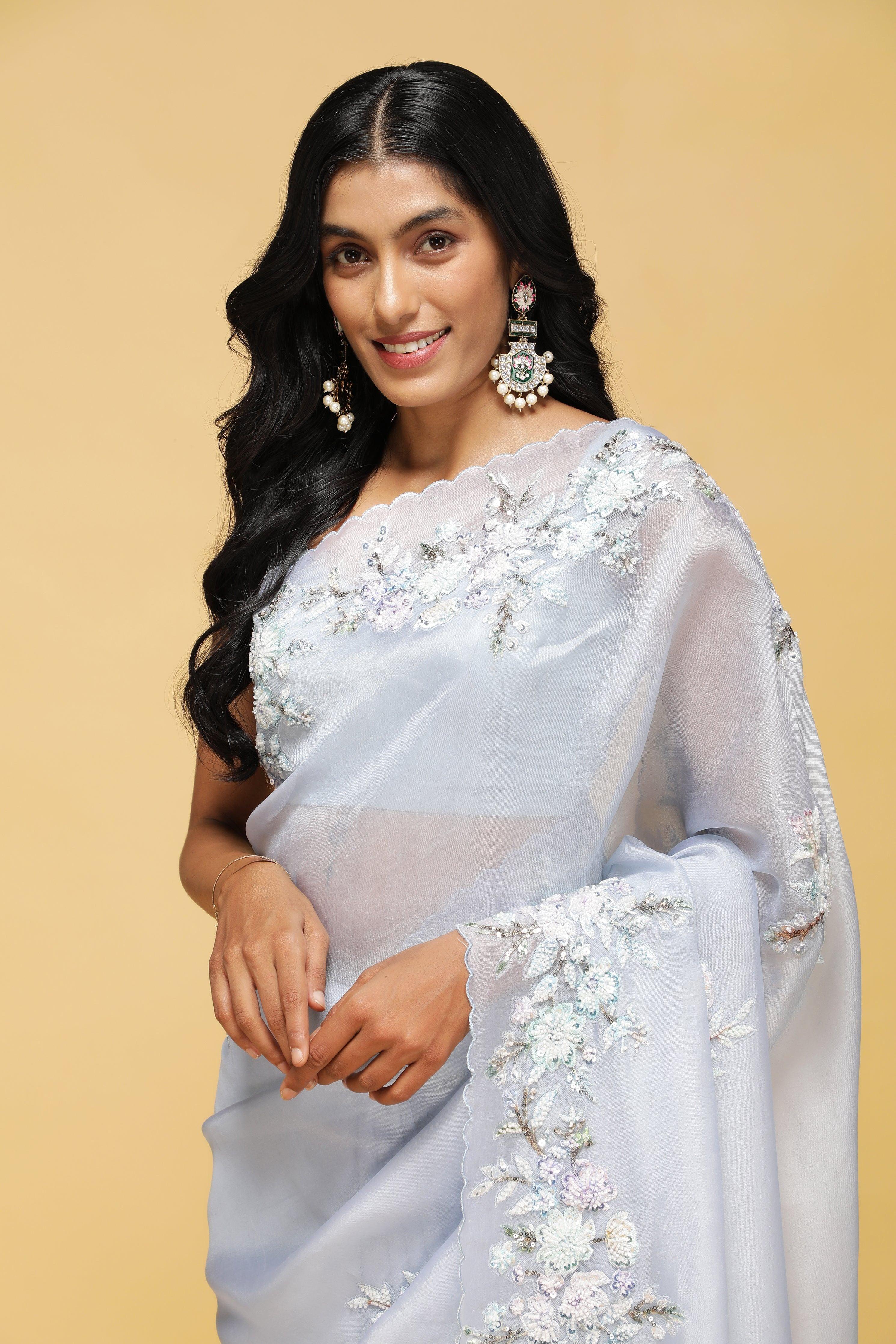 Sky Blue Organza Saree with Bead & Thread Floral Work.