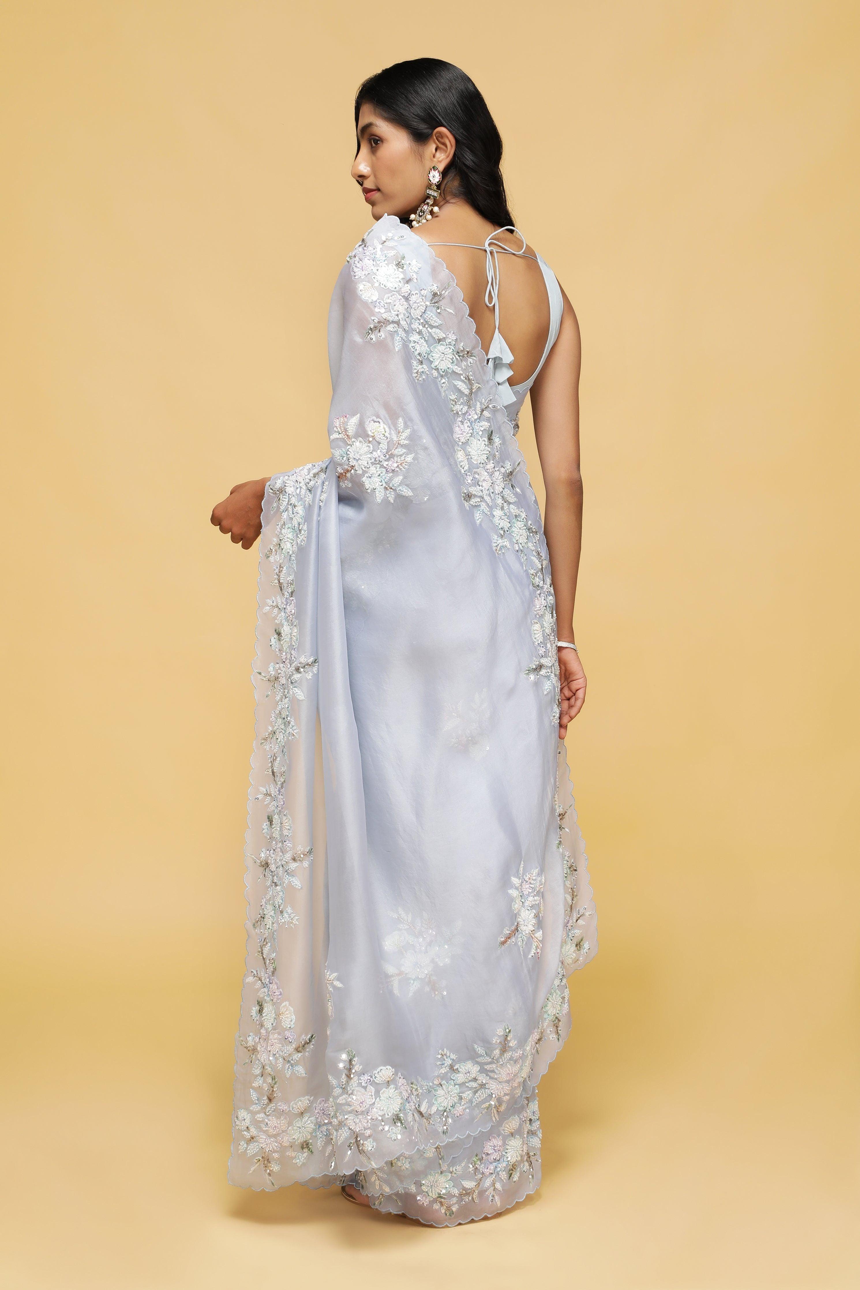 Sky Blue Organza Saree with Bead & Thread Floral Work.