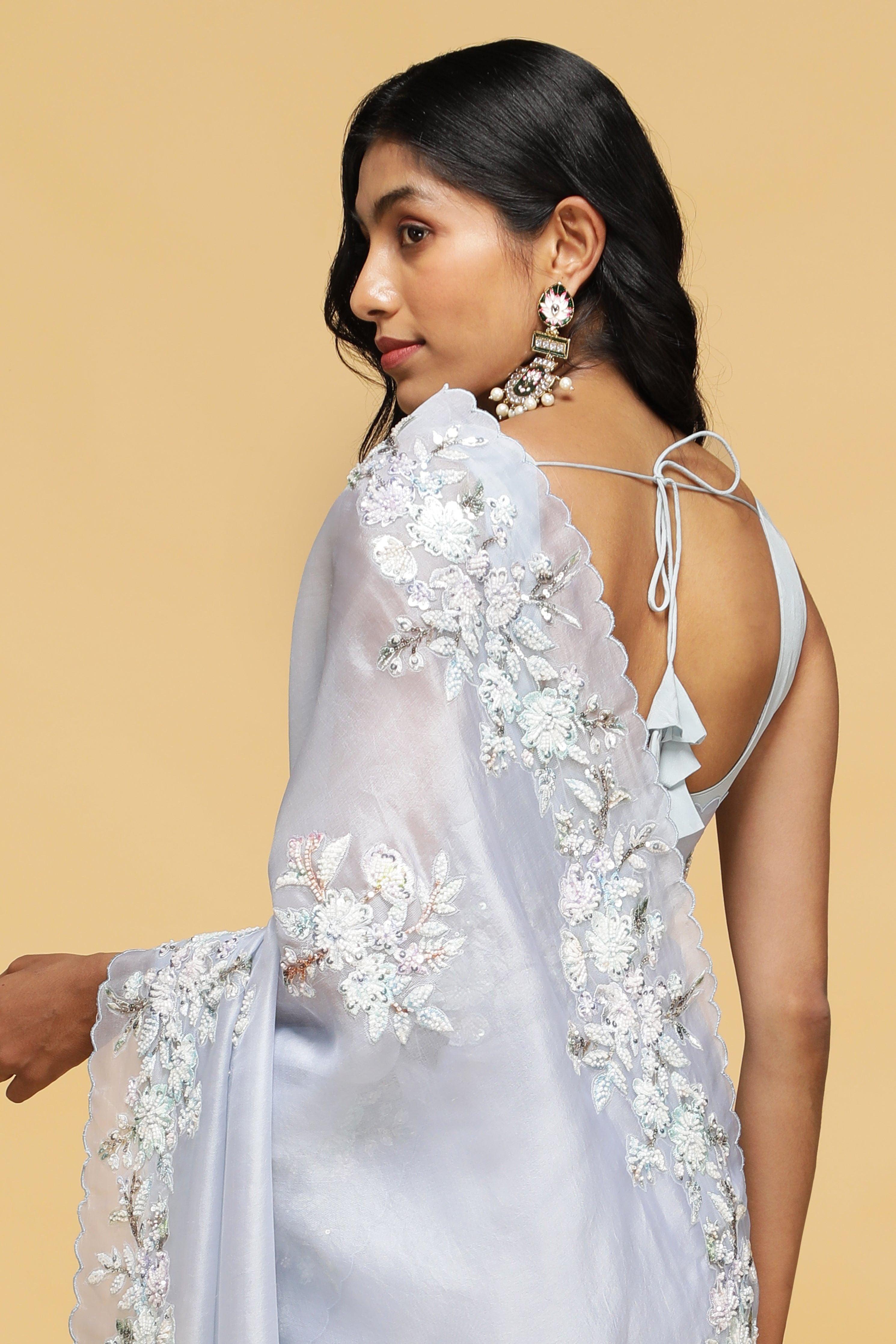 Sky Blue Organza Saree with Bead & Thread Floral Work.