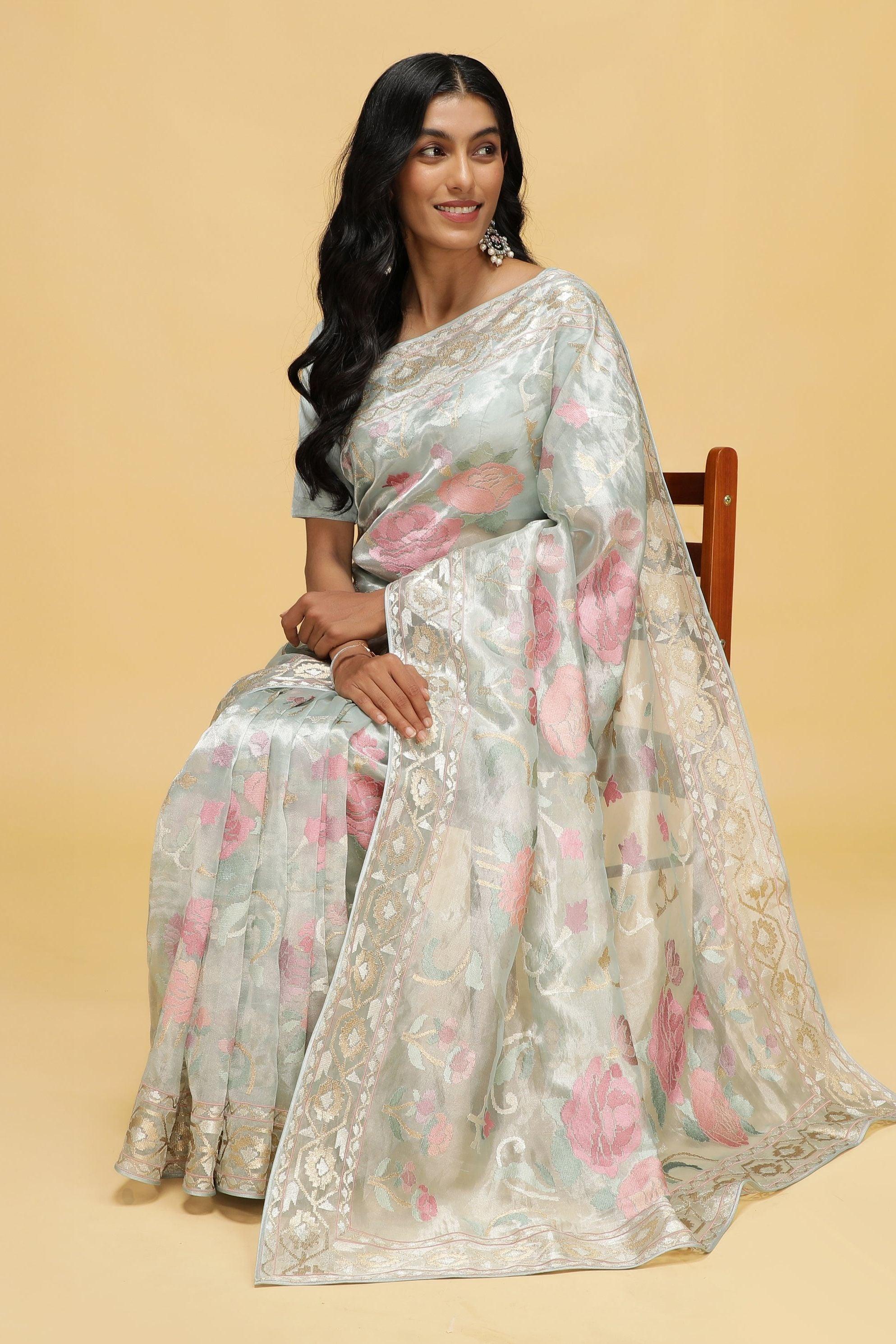 Sea Green Organza Tissue Saree with Floral Zari Weaving.