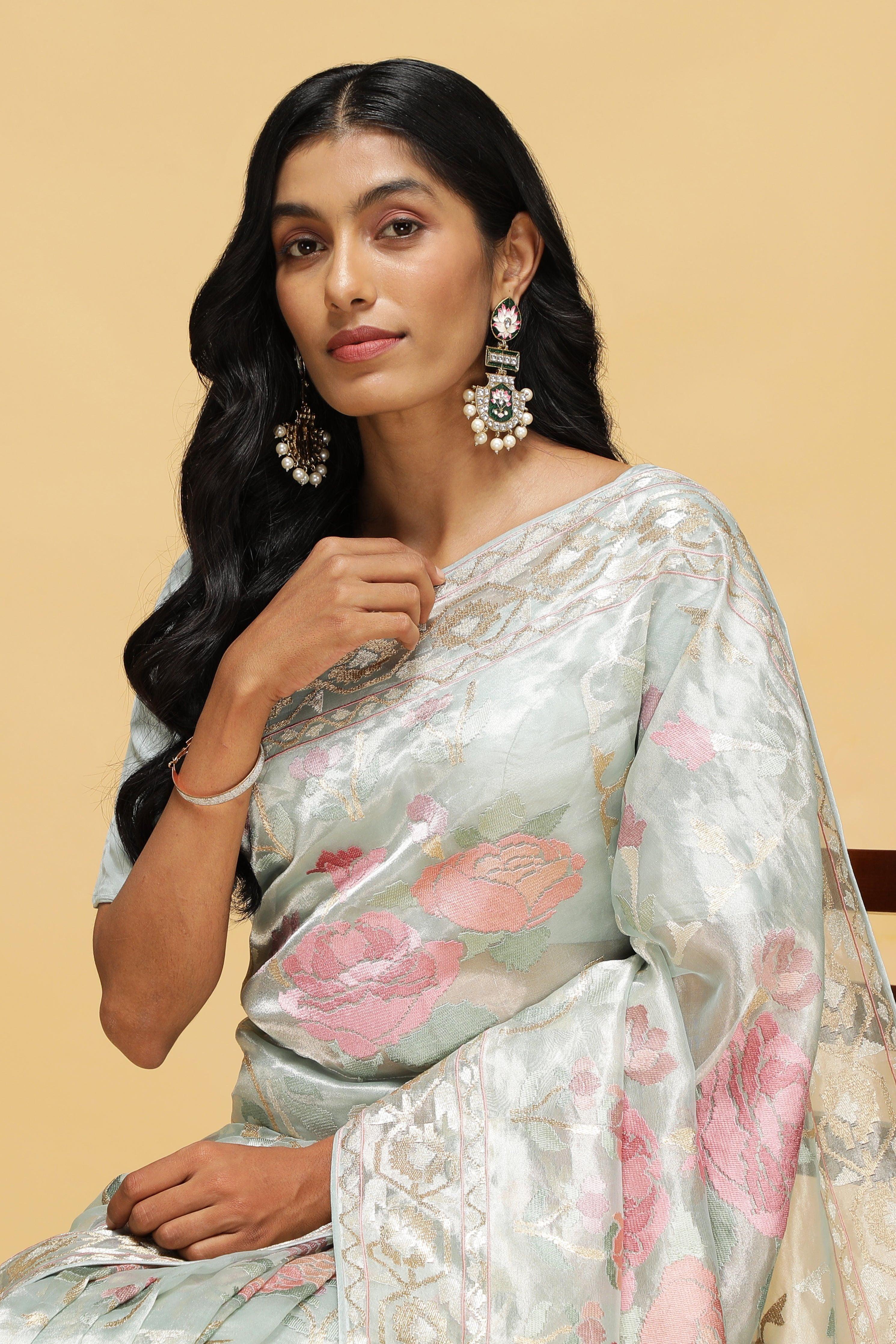 Sea Green Organza Tissue Saree with Floral Zari Weaving.