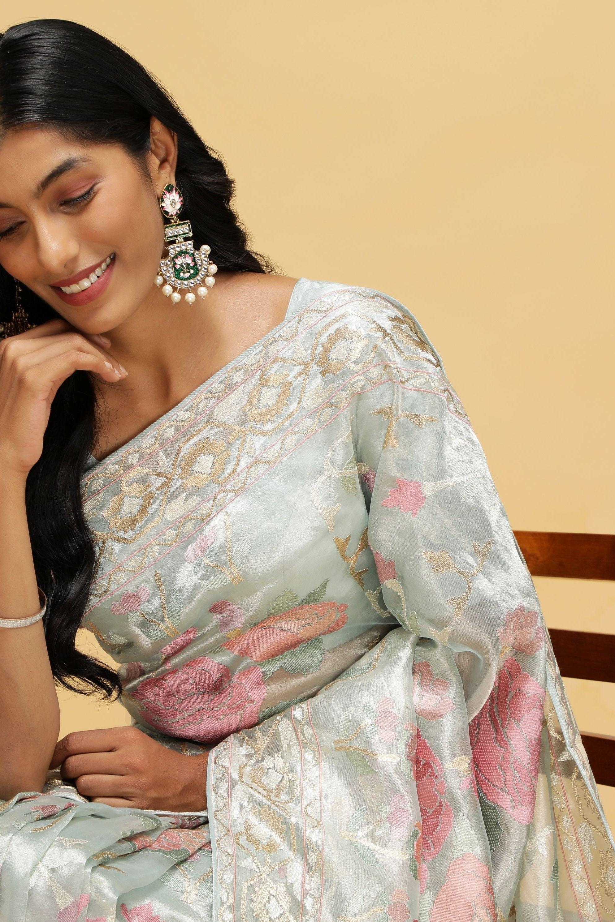 Sea Green Organza Tissue Saree with Floral Zari Weaving.