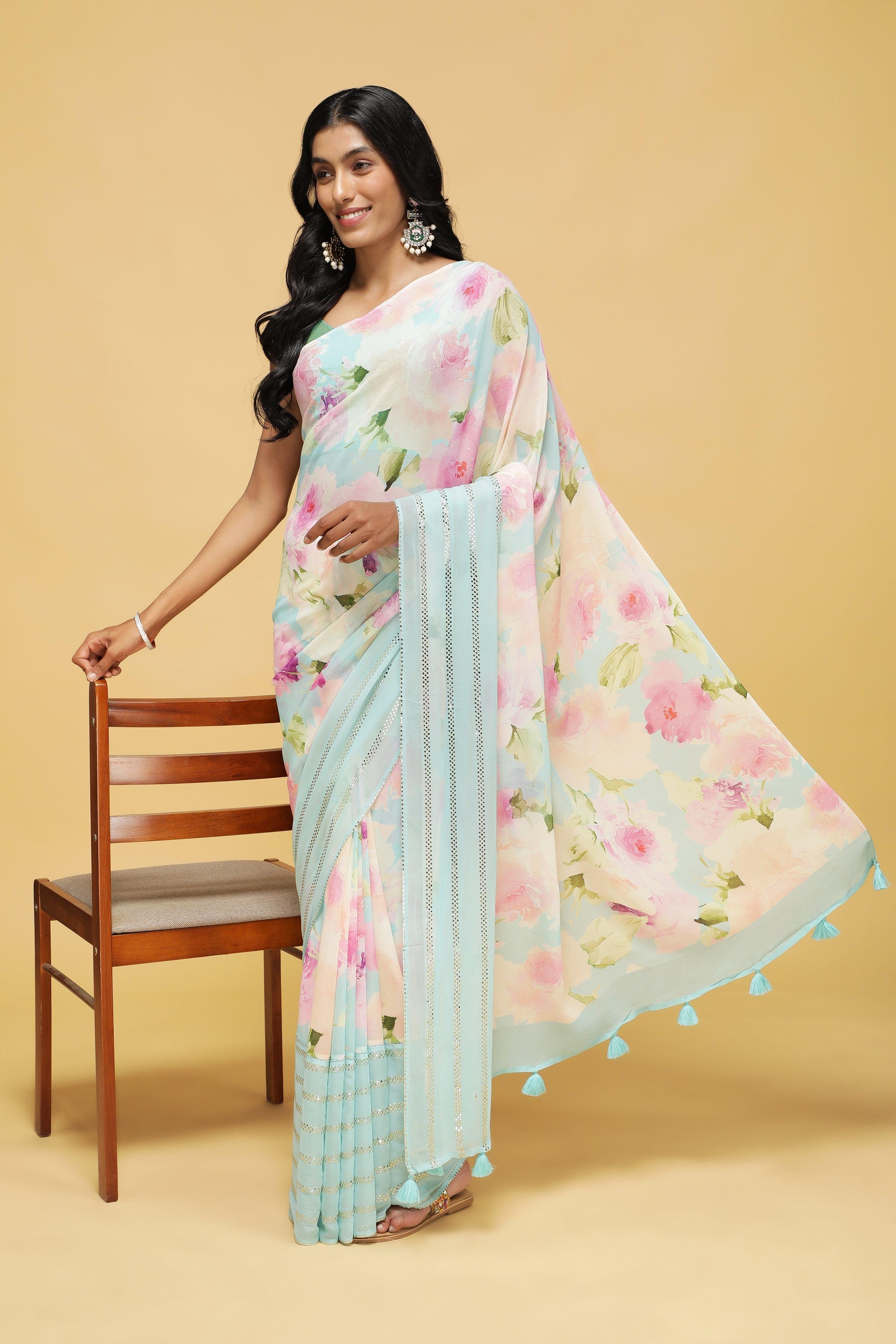 Blue & Pink Floral Georgette Saree with Sequin Border.