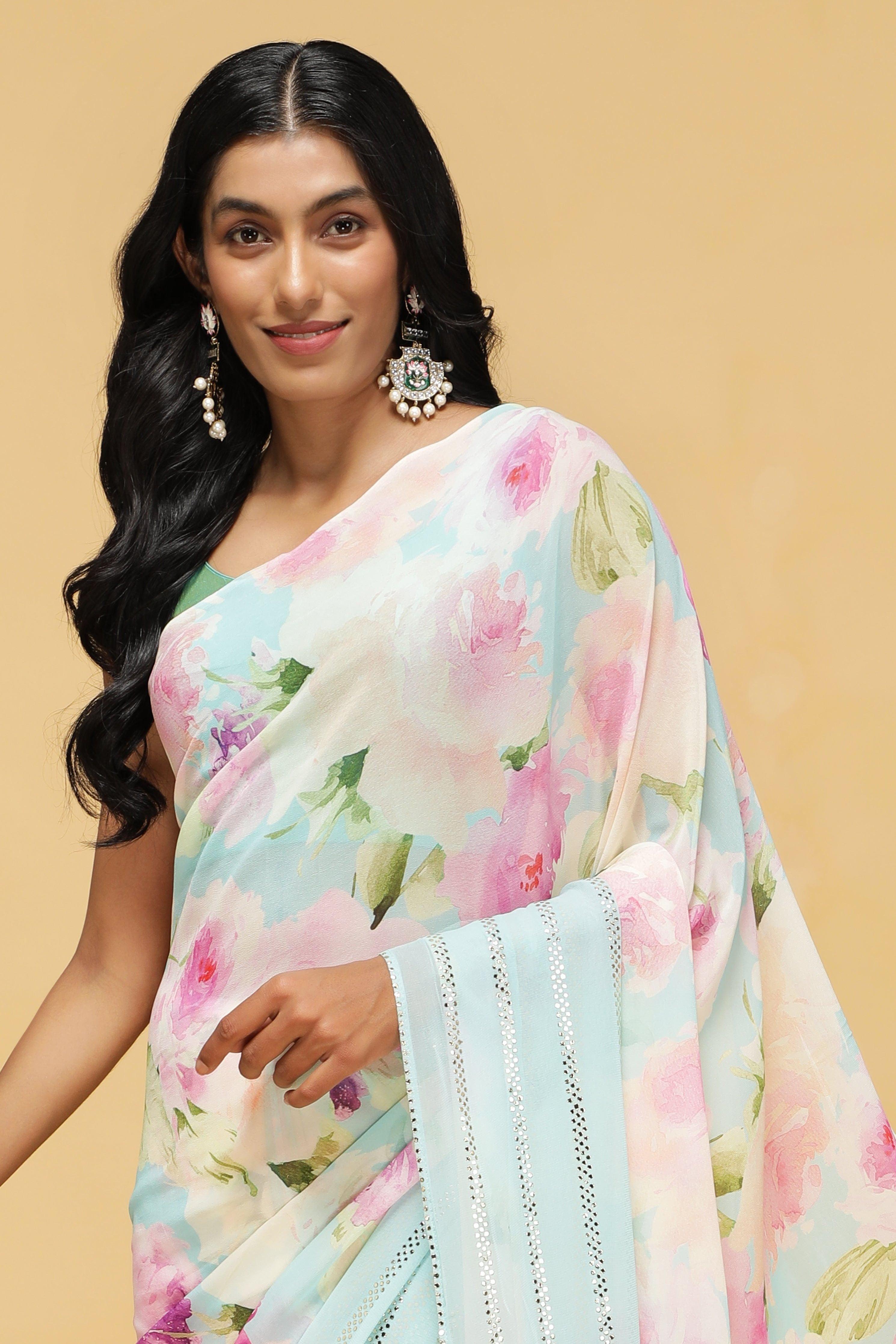 Blue & Pink Floral Georgette Saree with Sequin Border.