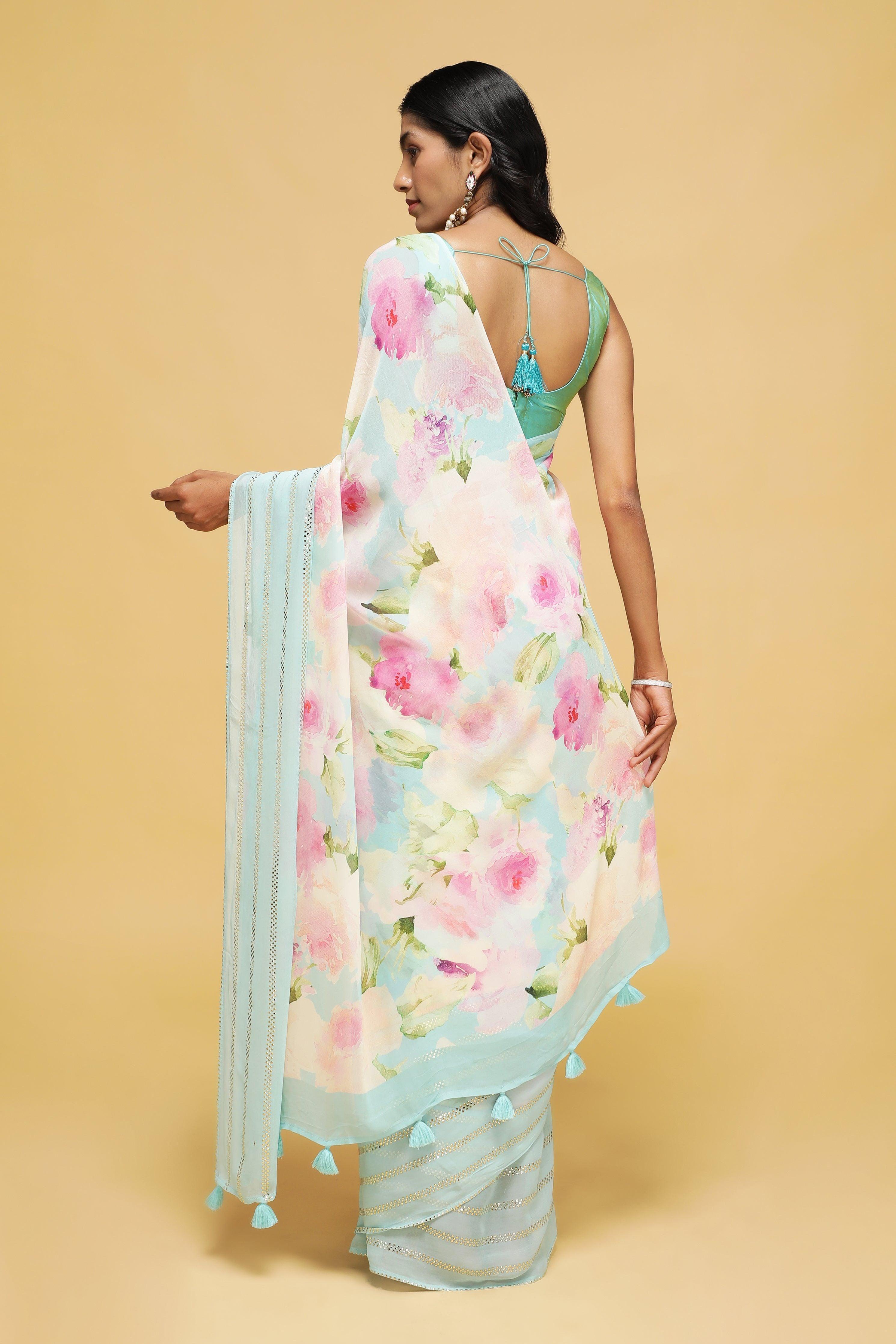 Blue & Pink Floral Georgette Saree with Sequin Border.