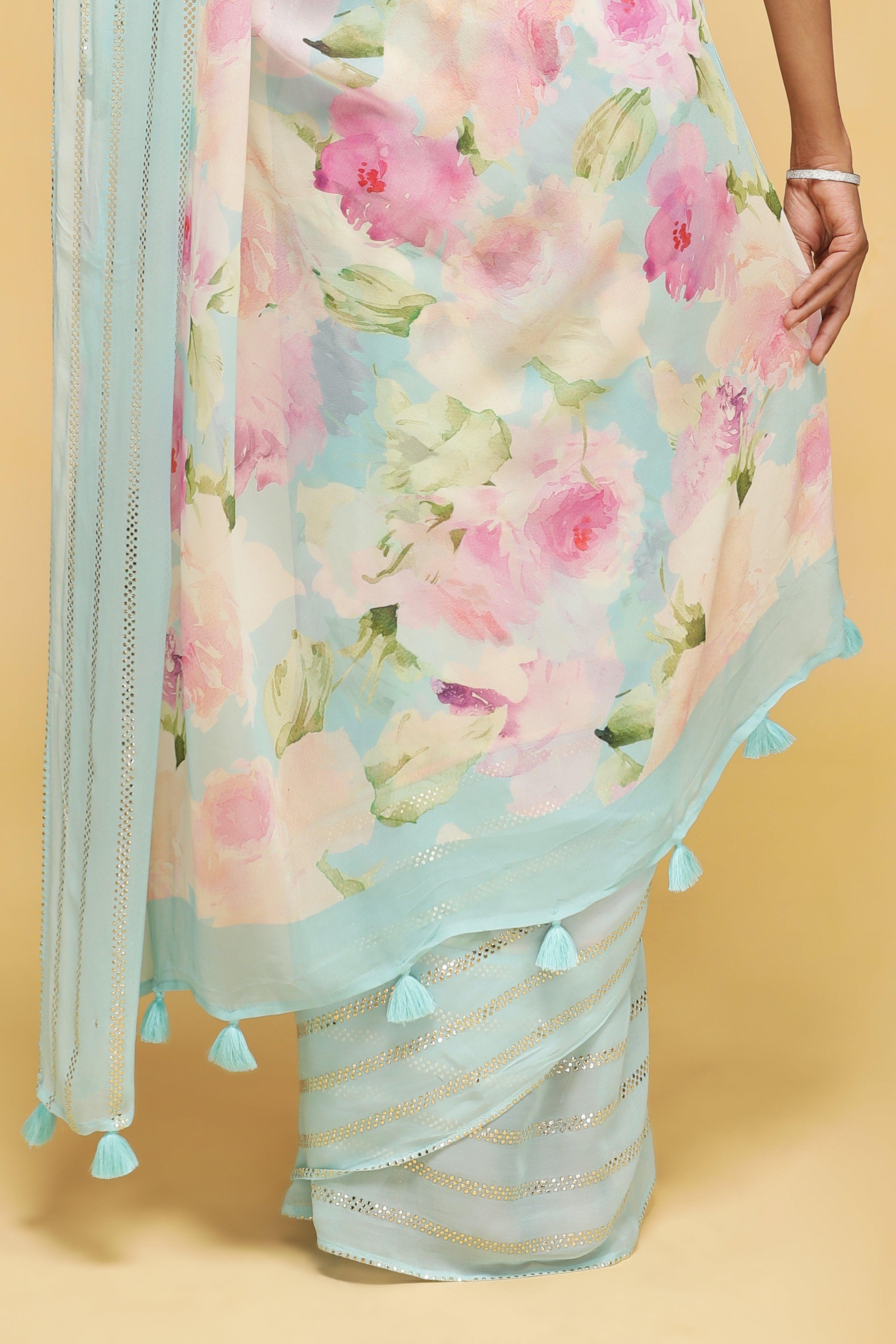 Blue & Pink Floral Georgette Saree with Sequin Border.