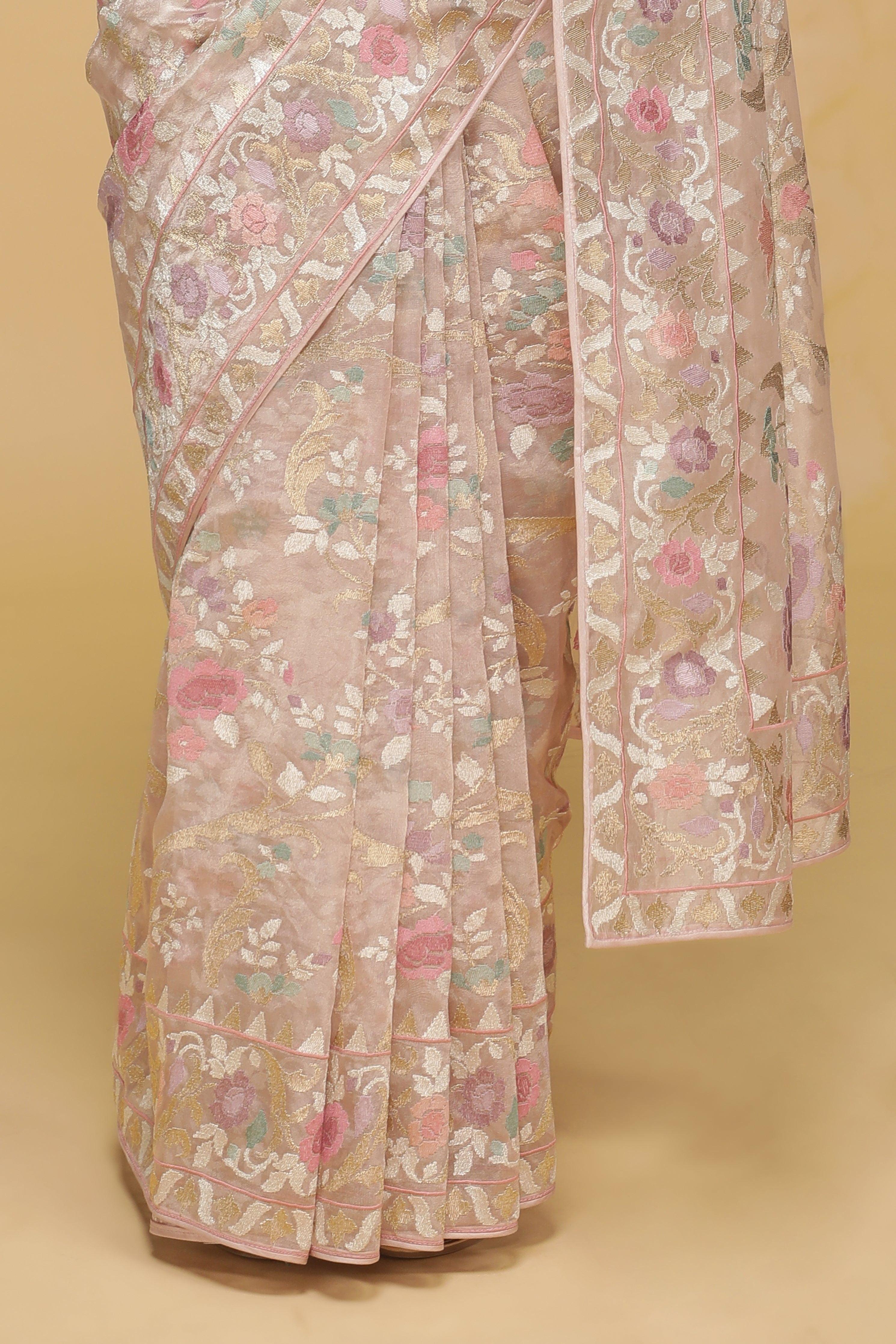 Peach Organza Tissue Saree with Zari & Thread Floral Work.