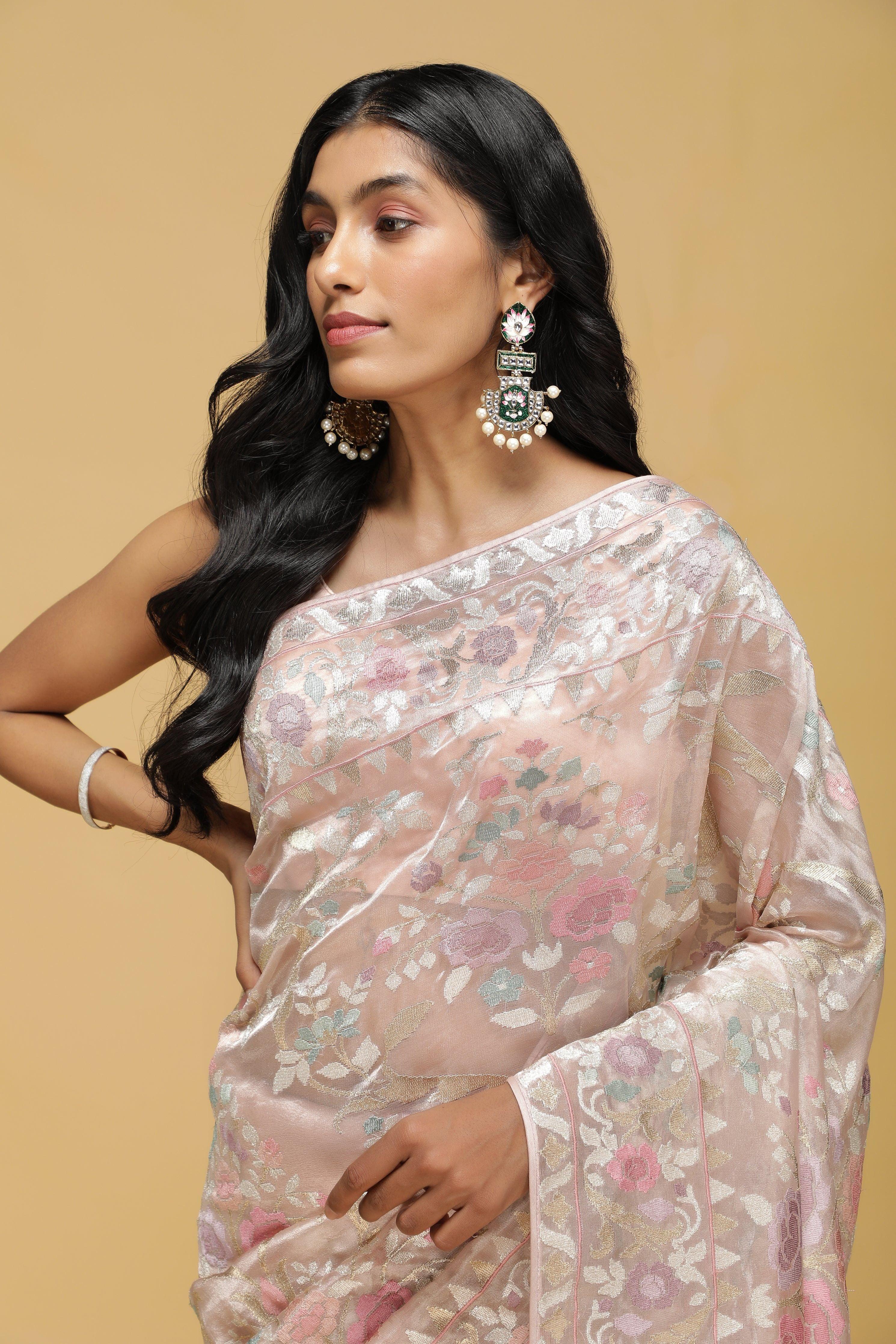 Peach Organza Tissue Saree with Zari & Thread Floral Work.