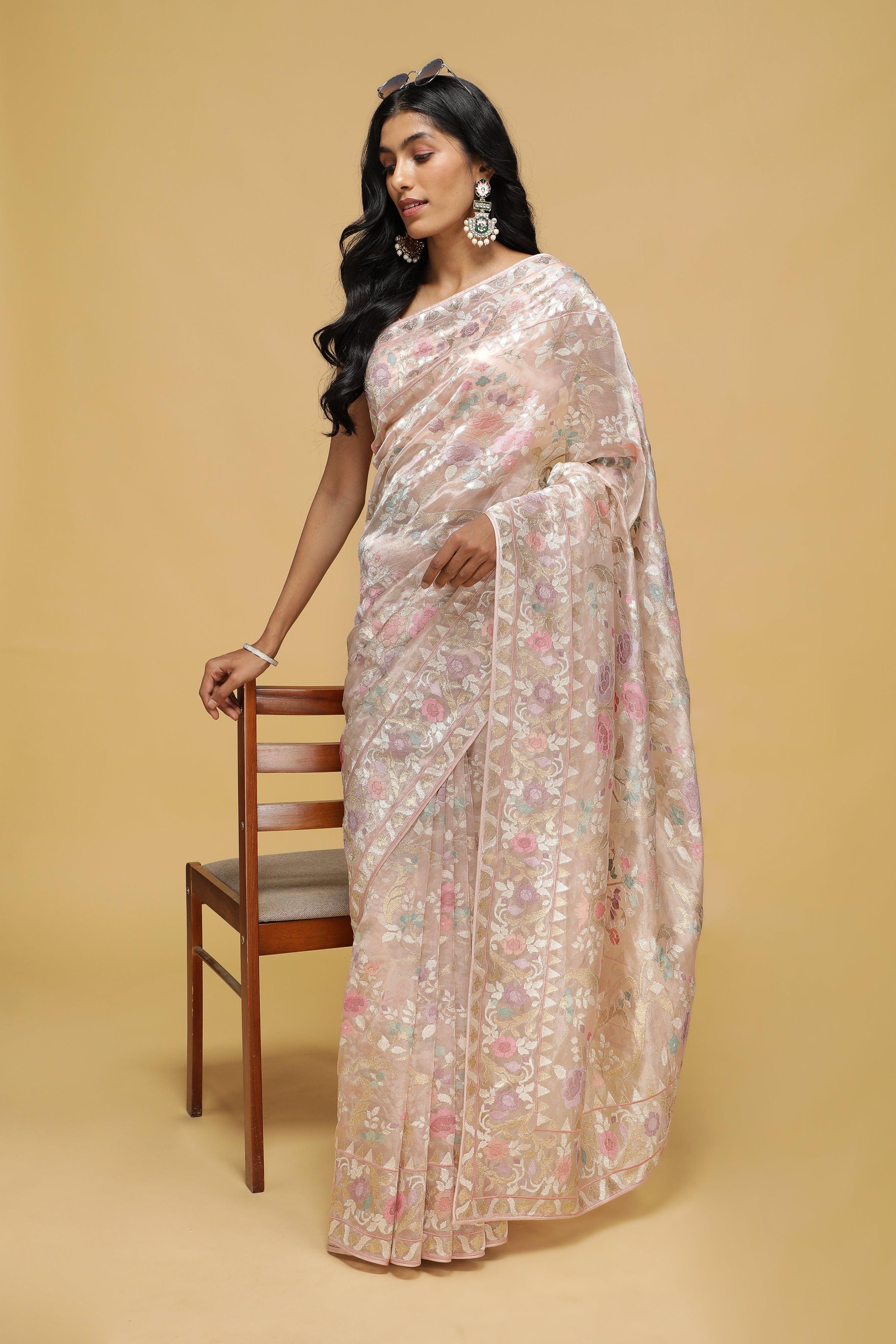 Peach Organza Tissue Saree with Zari & Thread Floral Work.