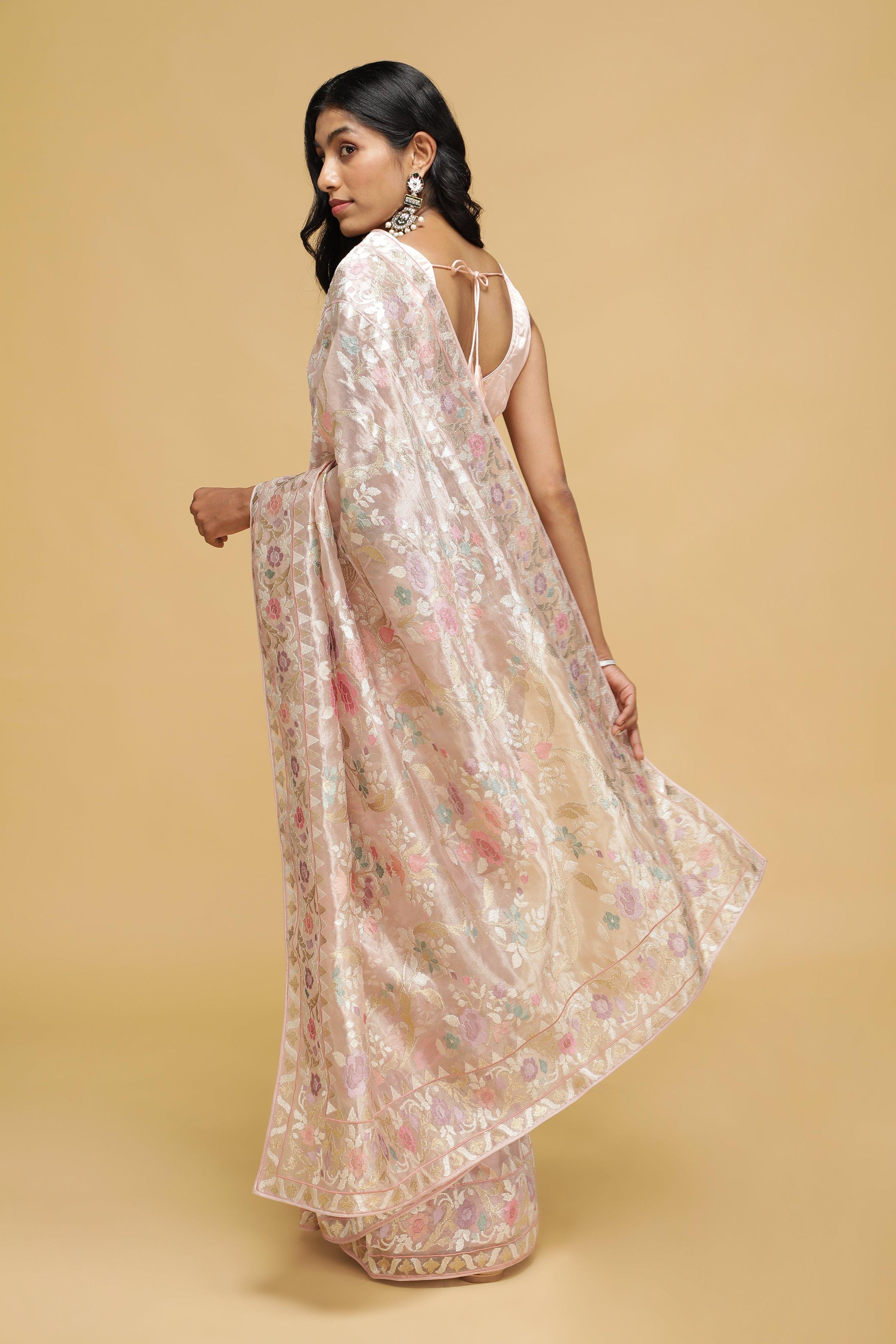 Peach Organza Tissue Saree with Zari & Thread Floral Work.