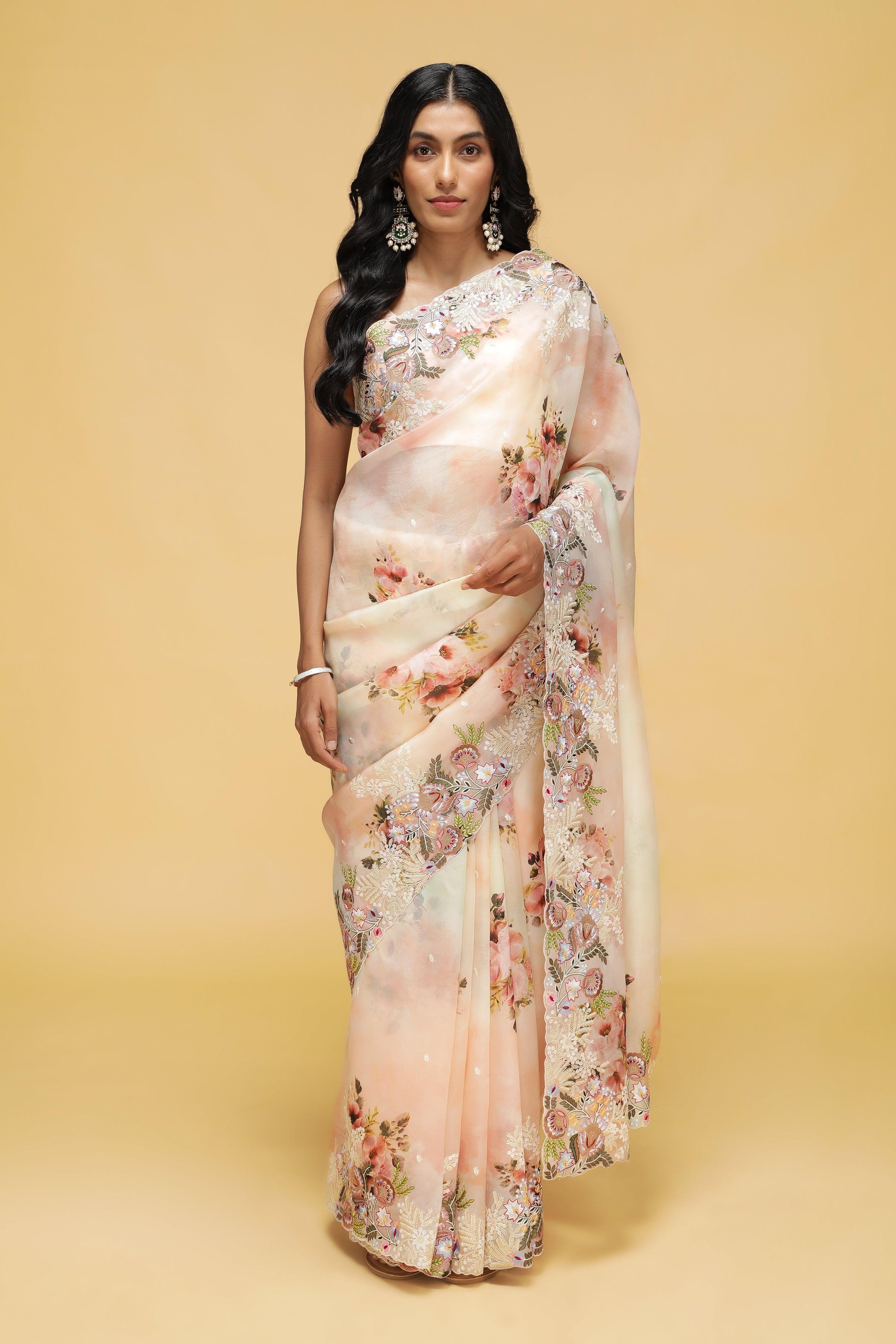 Peach-Green Organza Saree with Floral Thread Embroidery.