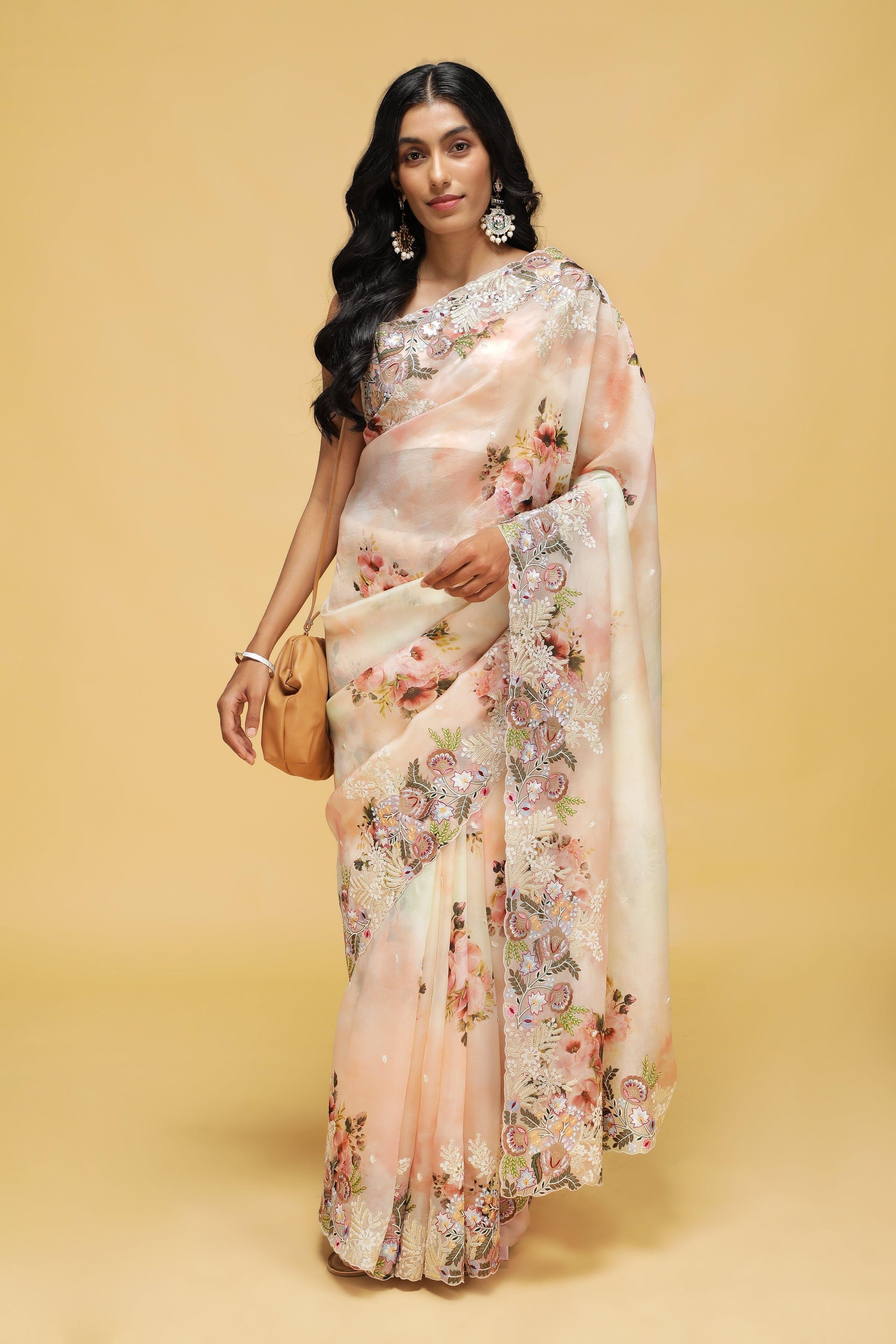 Peach-Green Organza Saree with Floral Thread Embroidery.