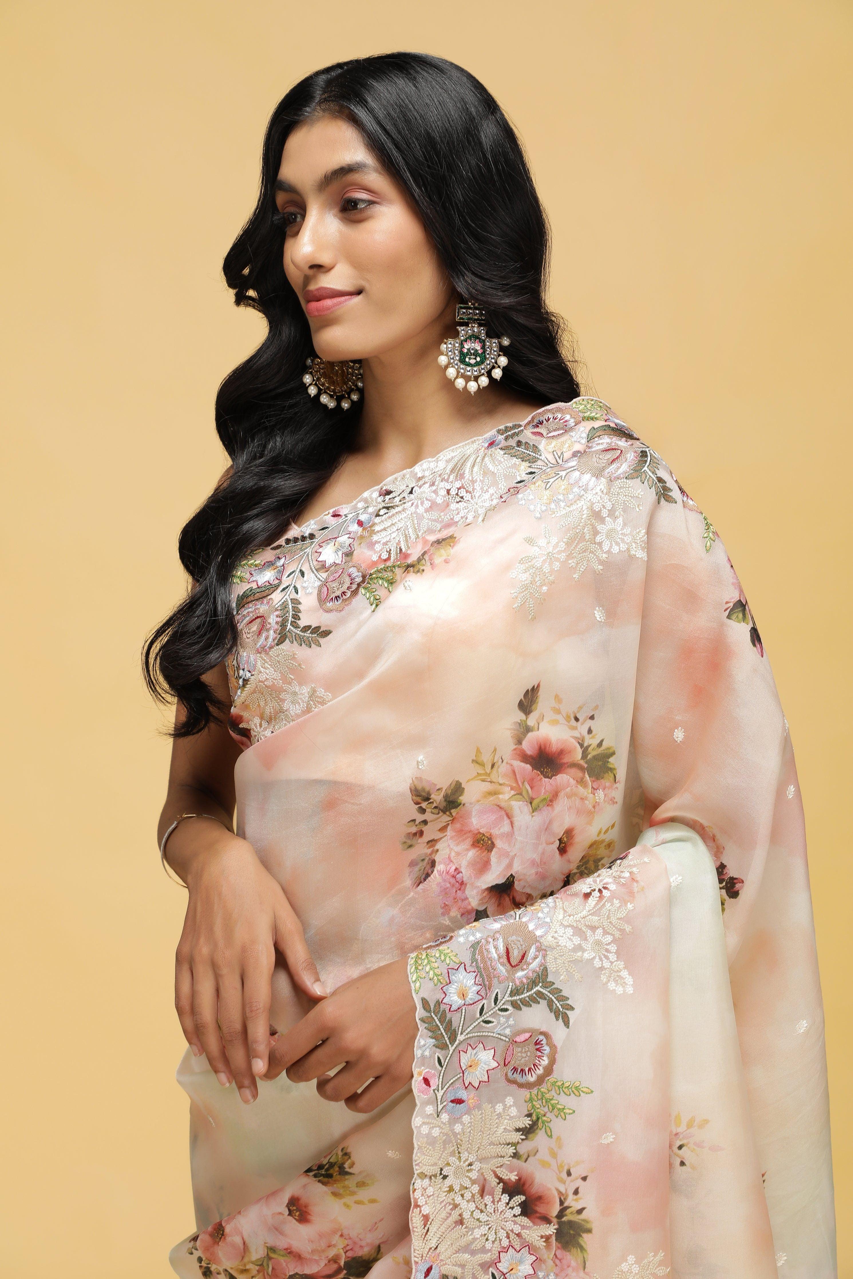 Peach-Green Organza Saree with Floral Thread Embroidery.