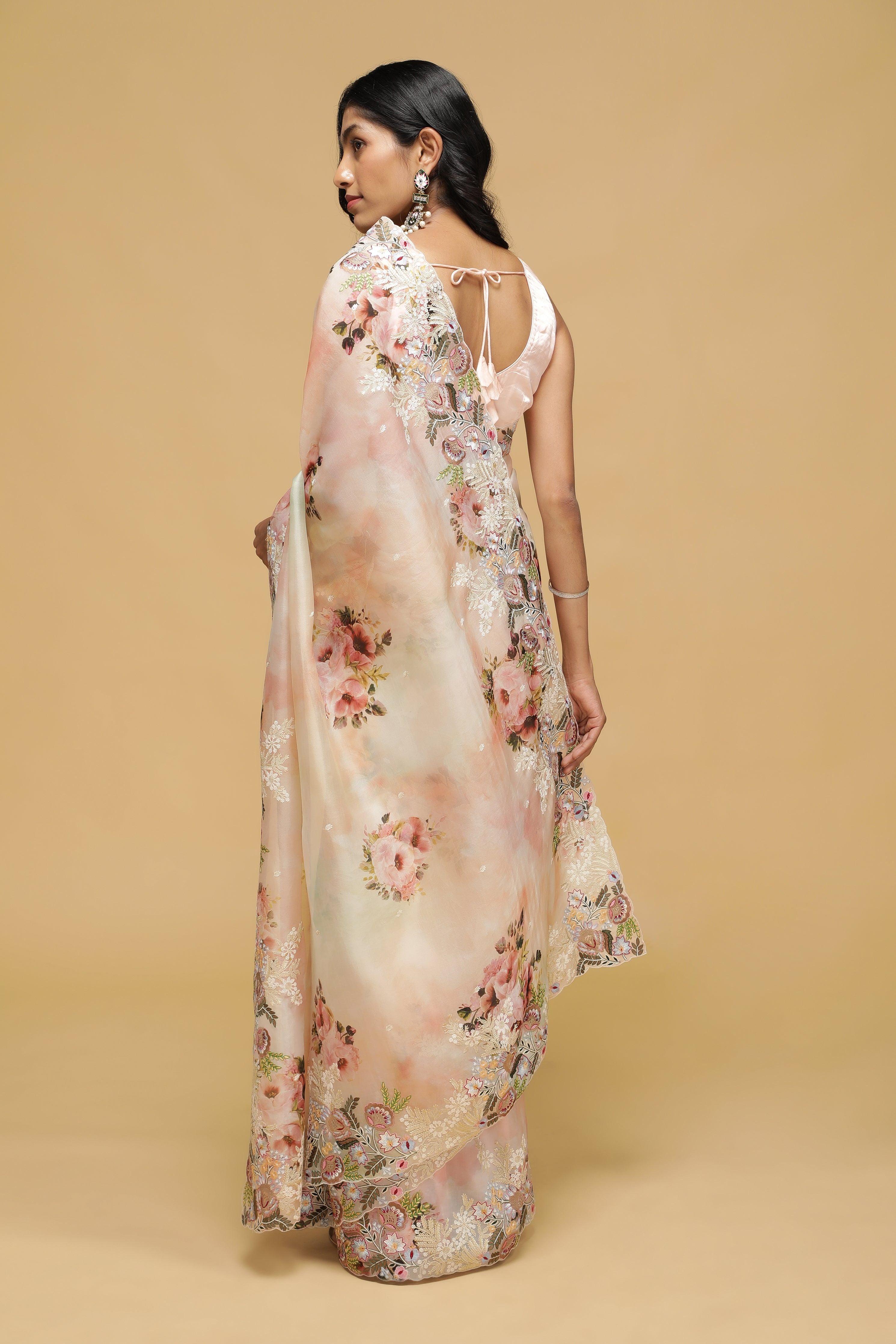 Peach-Green Organza Saree with Floral Thread Embroidery.