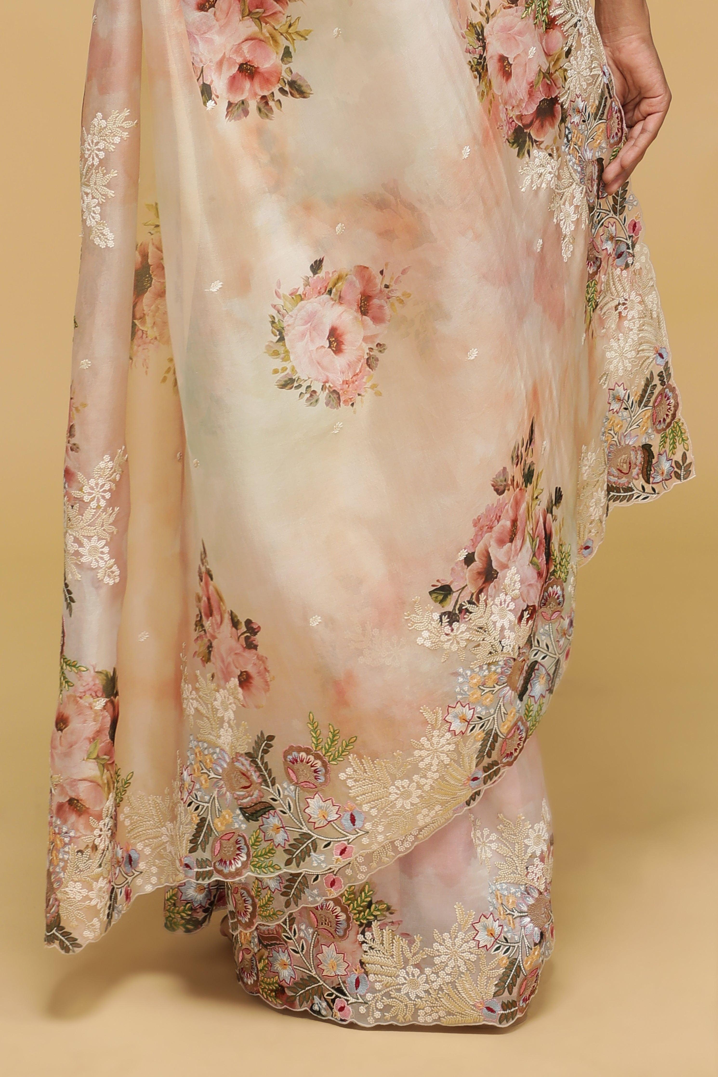 Peach-Green Organza Saree with Floral Thread Embroidery.