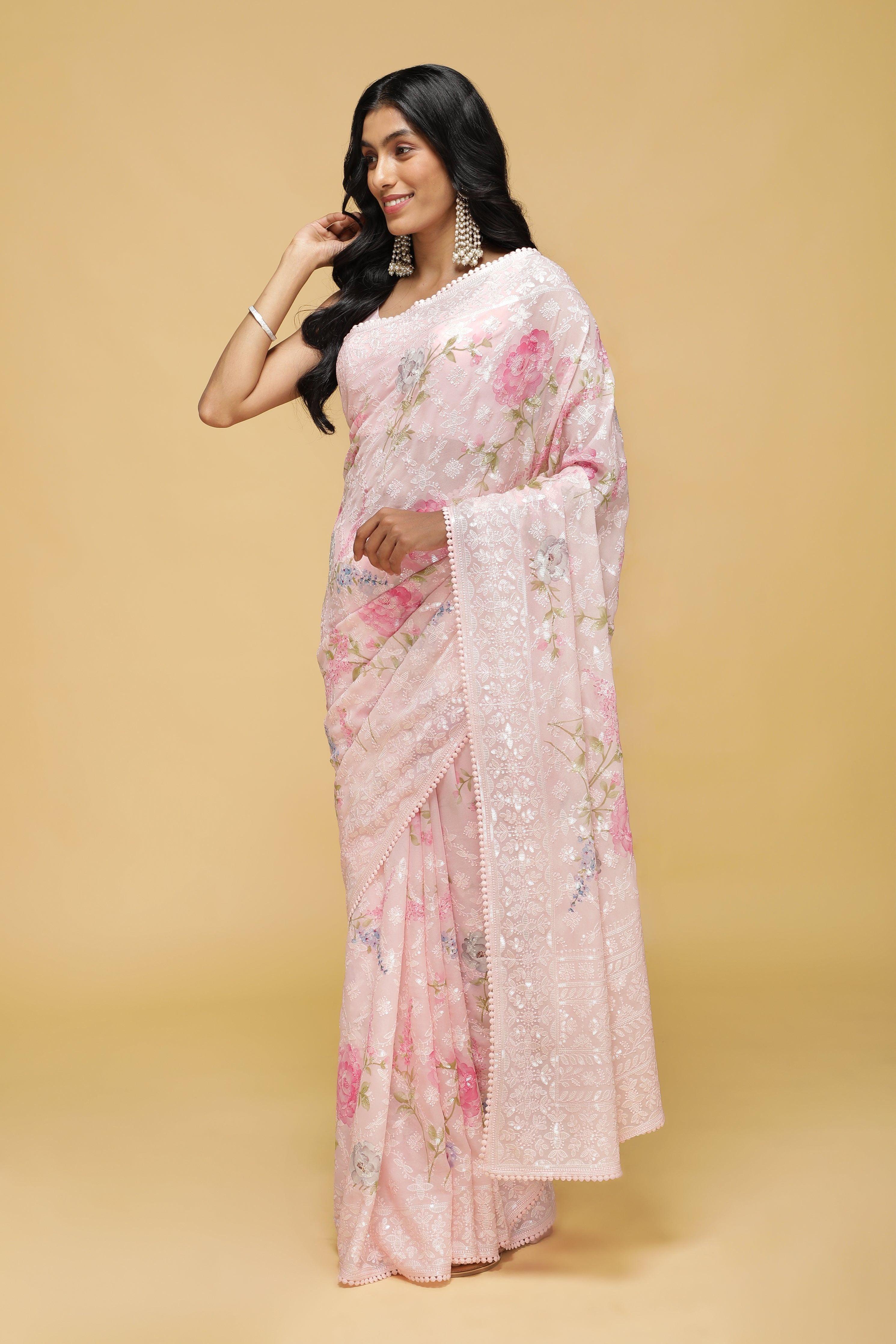 Baby Pink Georgette Saree with Sequin Floral Print.