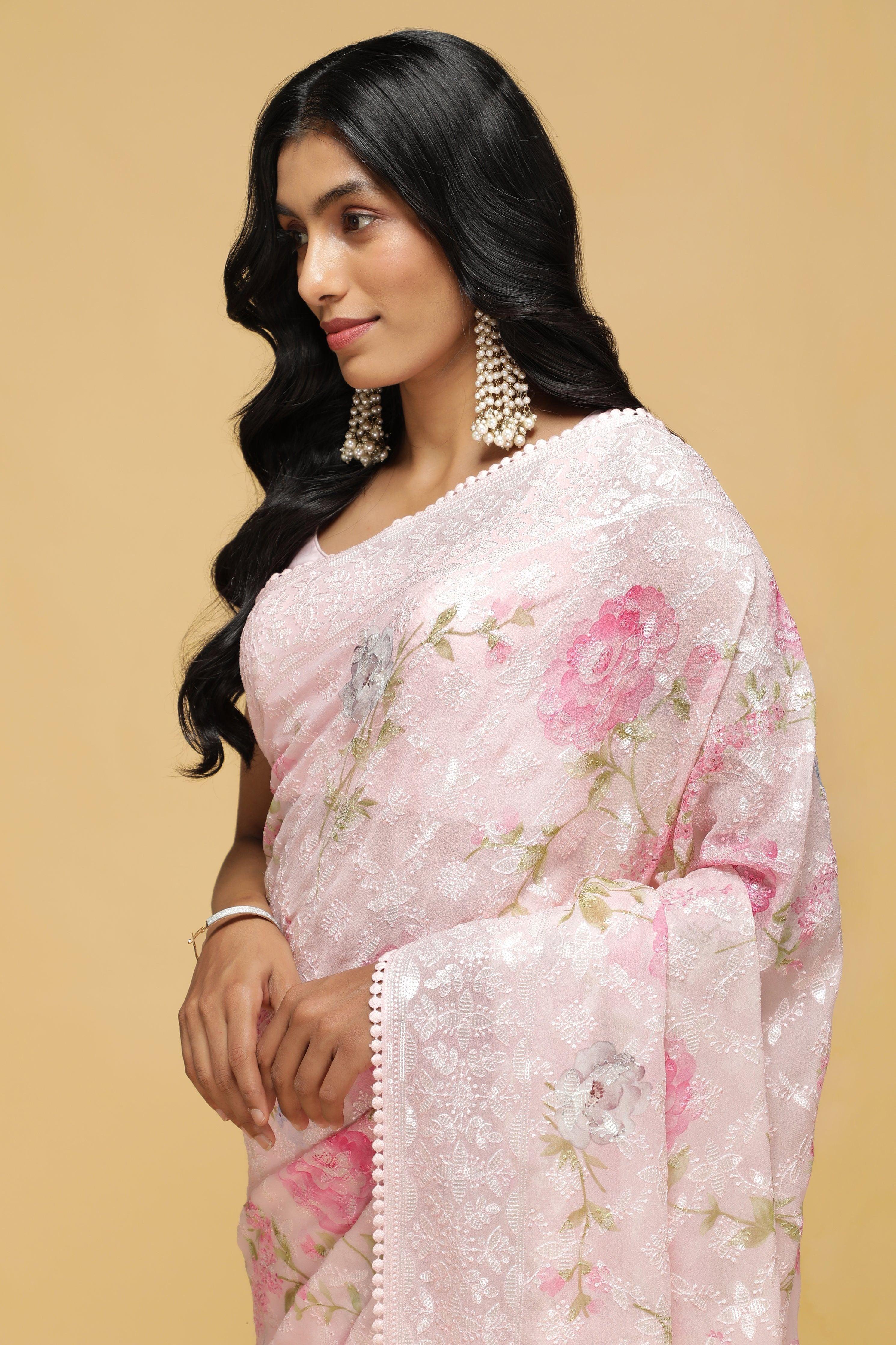Baby Pink Georgette Saree with Sequin Floral Print.