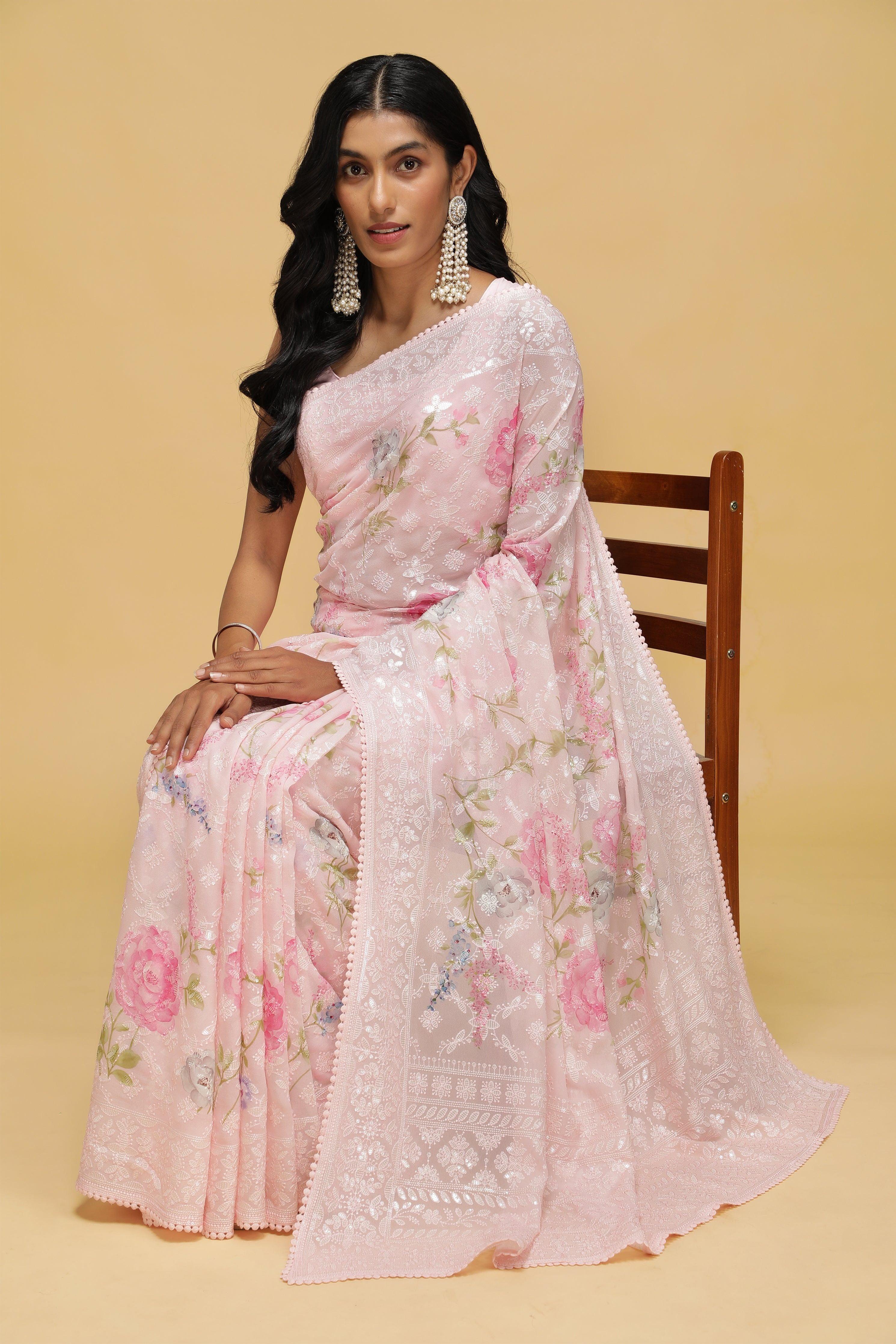 Baby Pink Georgette Saree with Sequin Floral Print.
