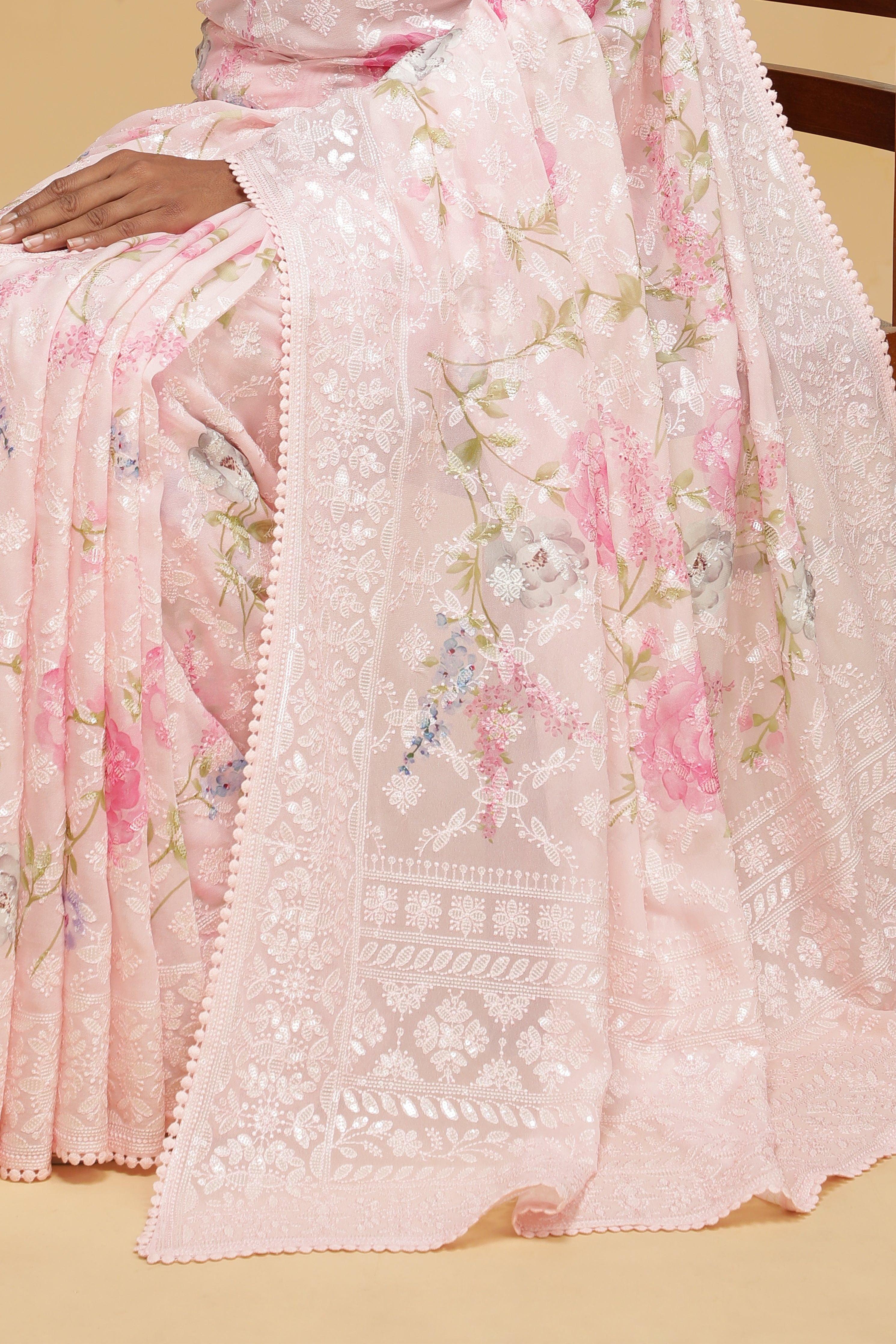 Baby Pink Georgette Saree with Sequin Floral Print.