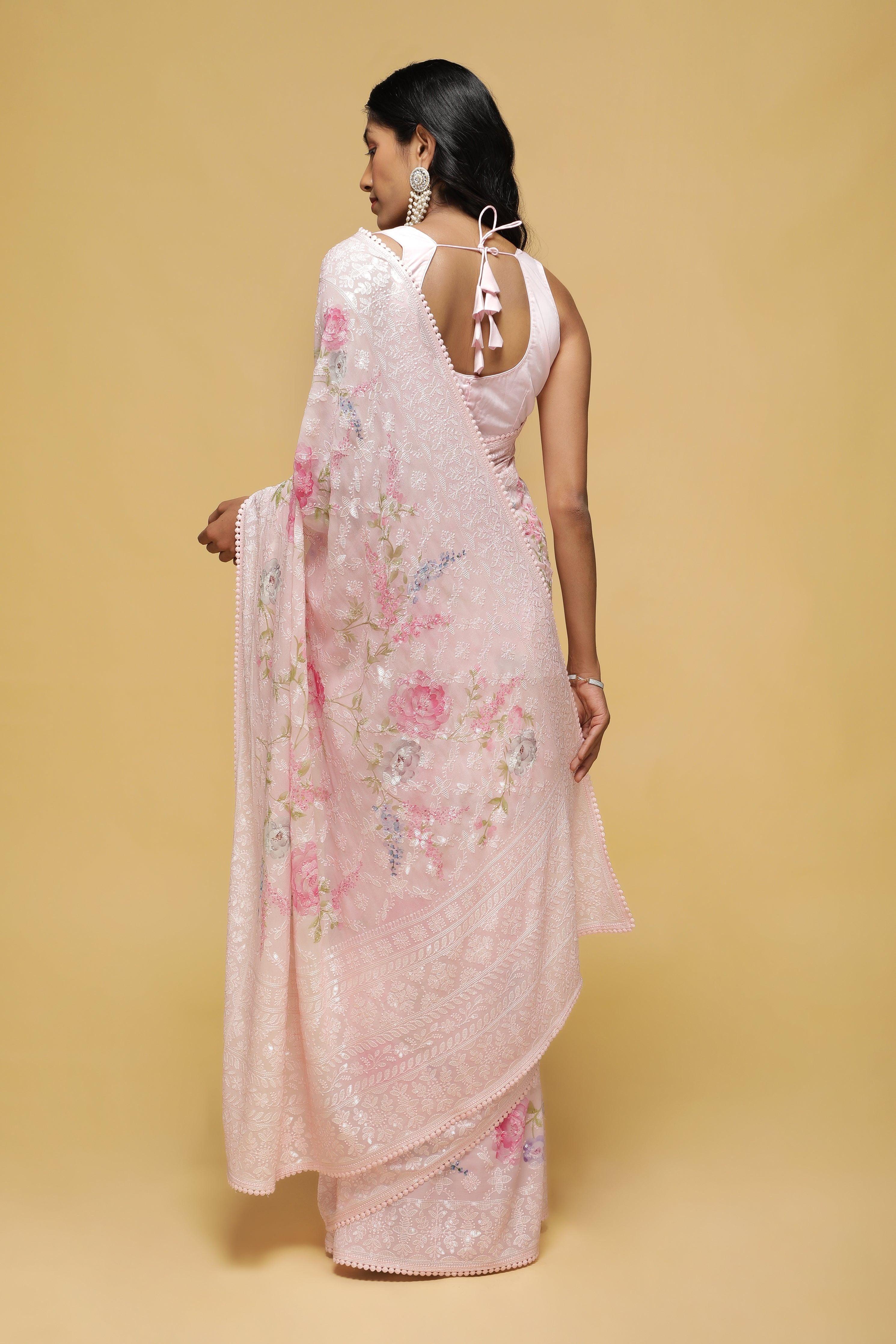 Baby Pink Georgette Saree with Sequin Floral Print.