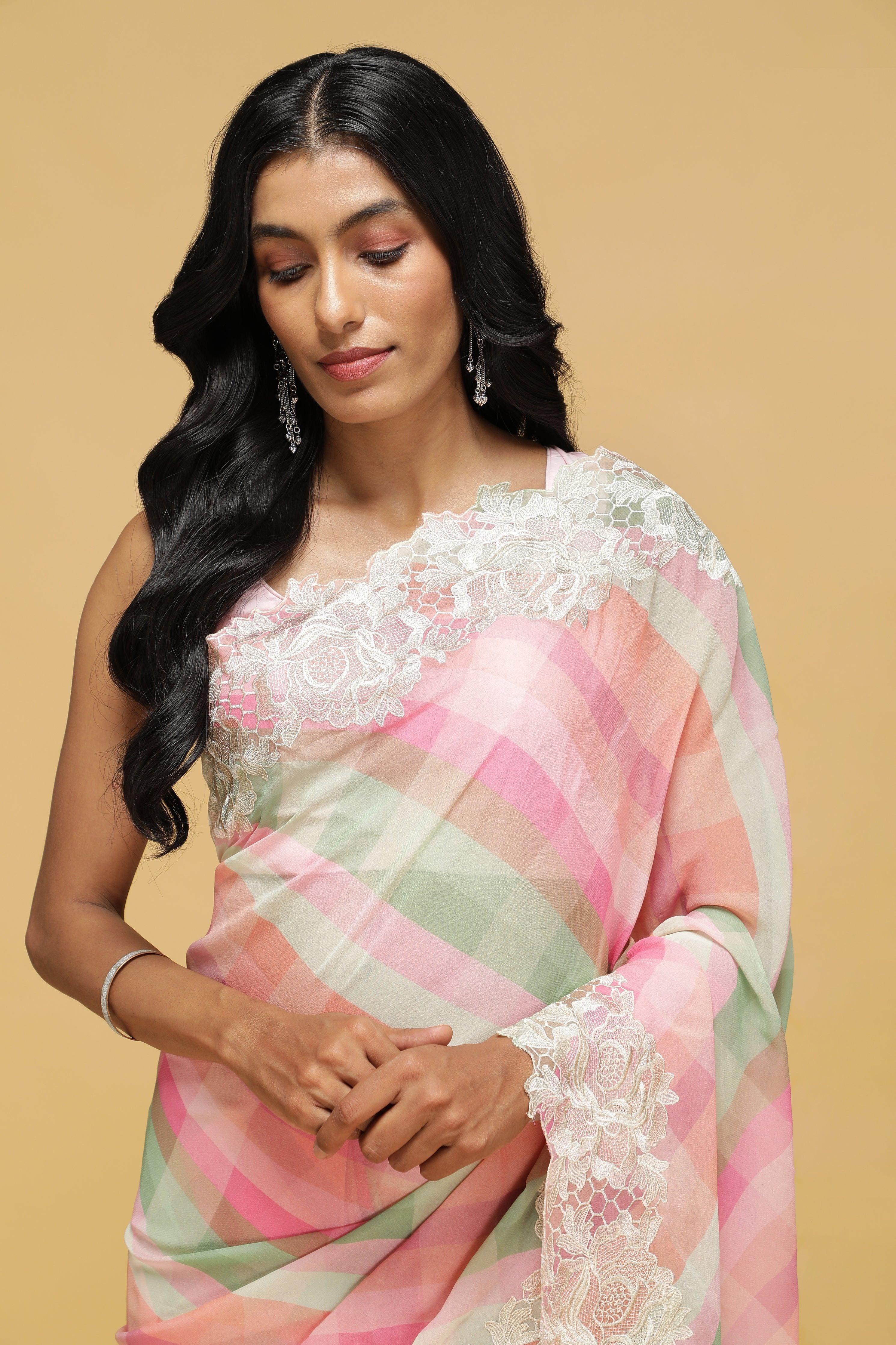 Peach-Pink Multicolour Georgette Saree with Thread Lace Border.