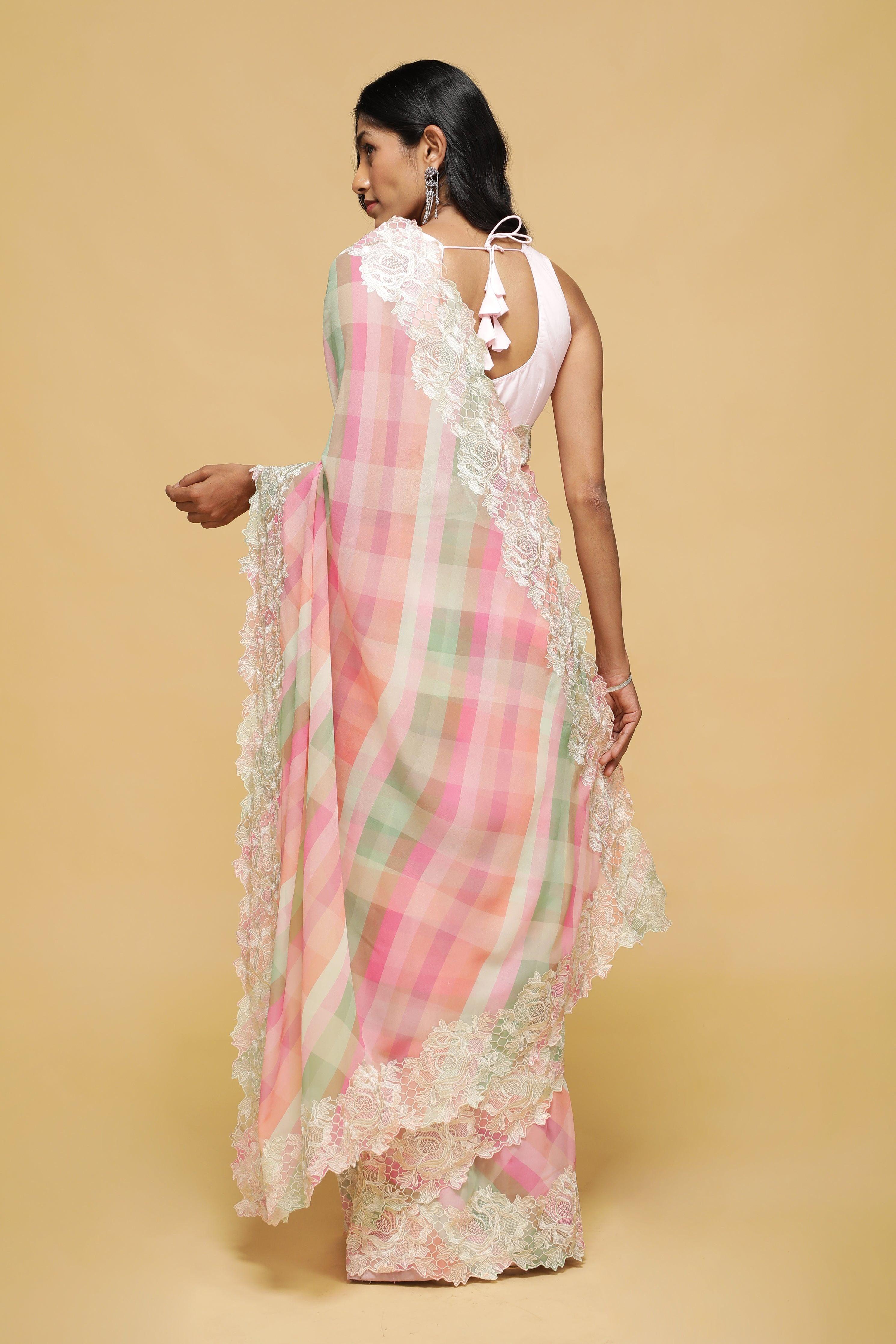 Peach-Pink Multicolour Georgette Saree with Thread Lace Border.