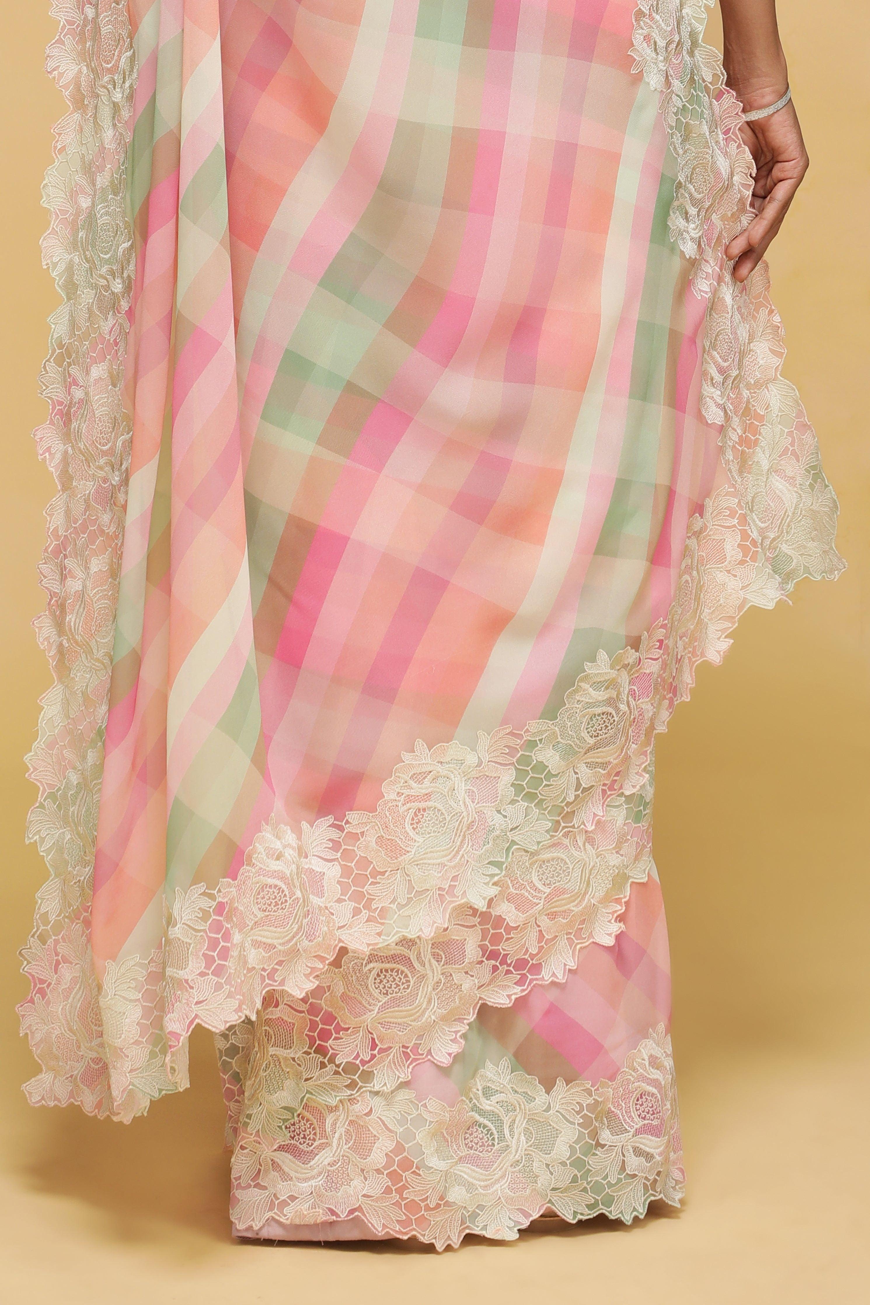 Peach-Pink Multicolour Georgette Saree with Thread Lace Border.