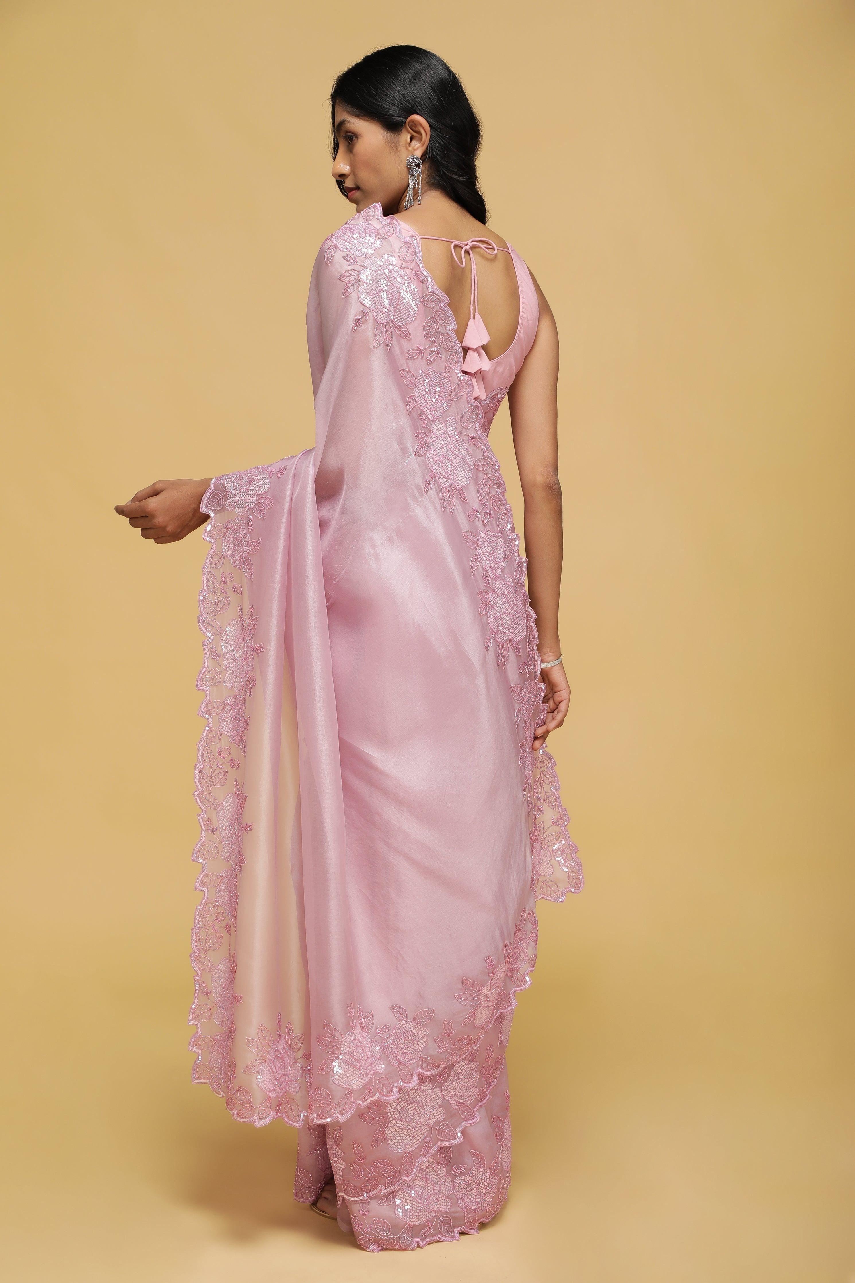 Light Pink Organza Saree with Sequin Floral Border.