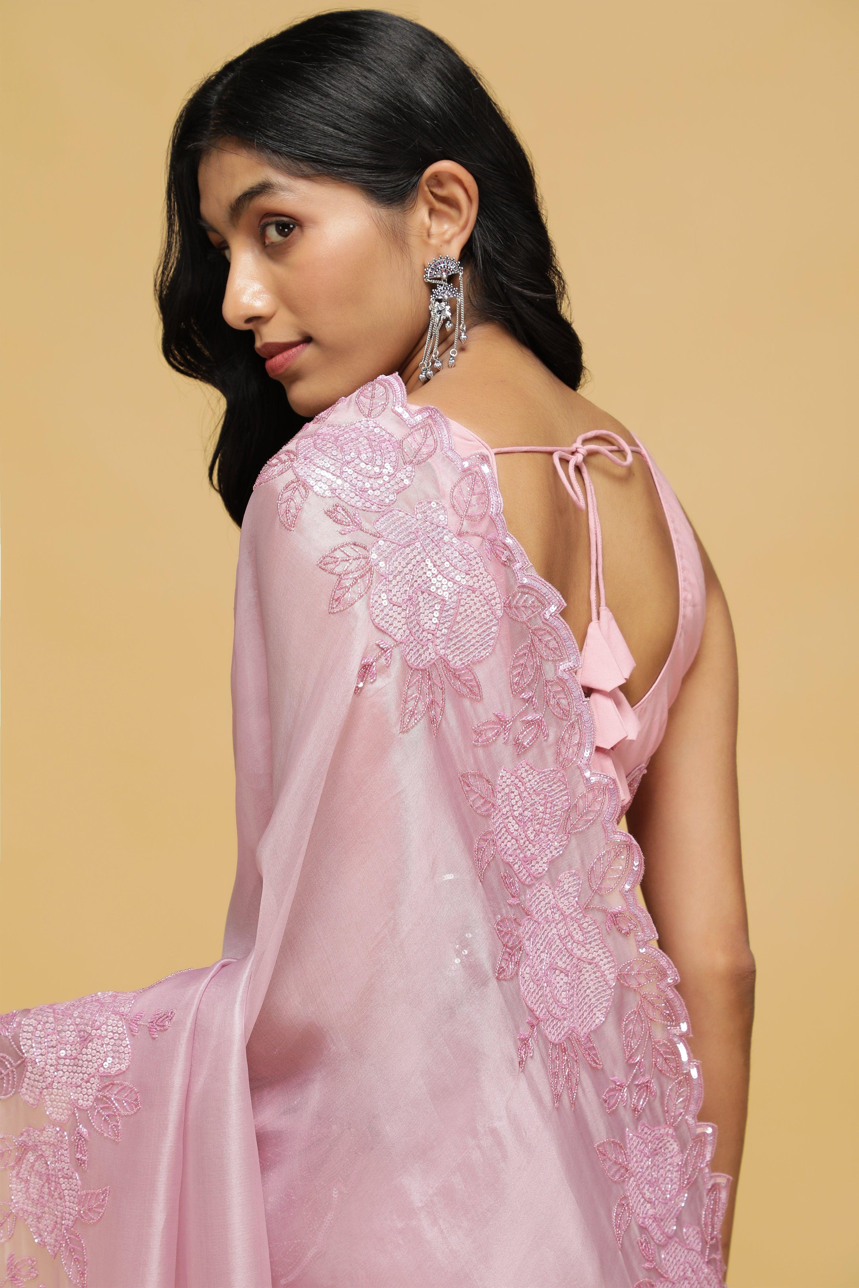 Light Pink Organza Saree with Sequin Floral Border.
