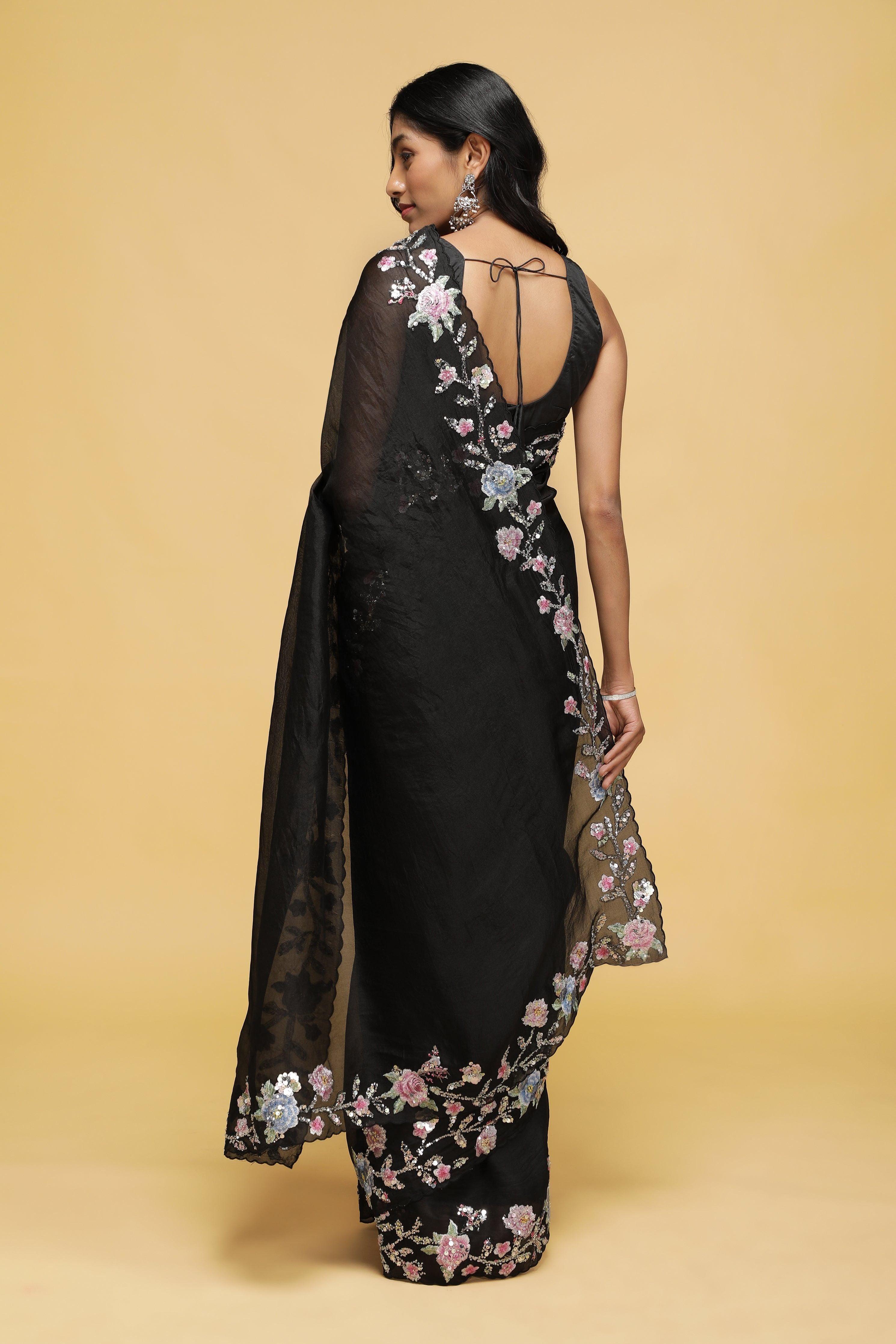 Black Organza Saree with Floral Thread & Sequin Border.