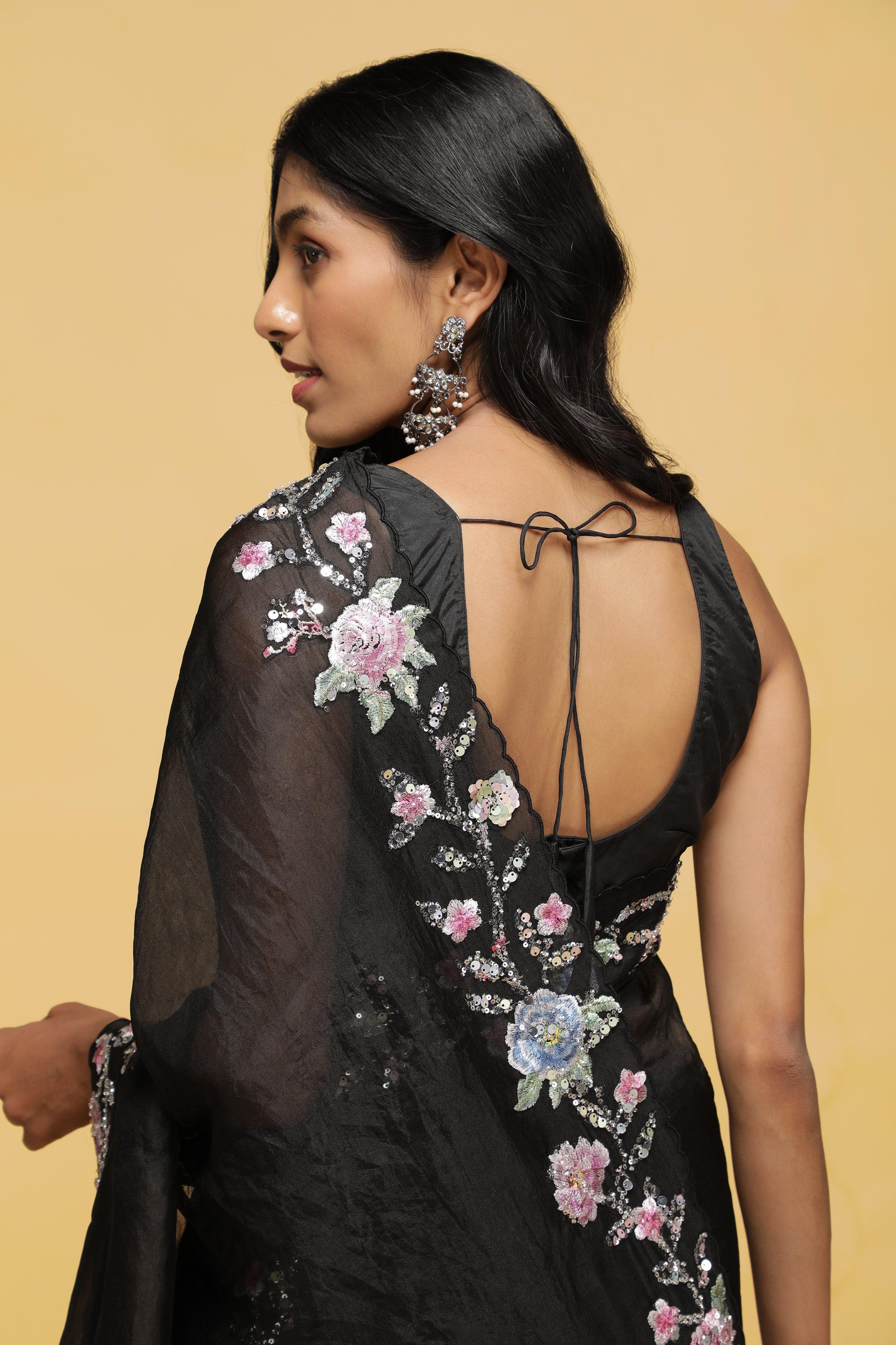 Black Organza Saree with Floral Thread & Sequin Border.