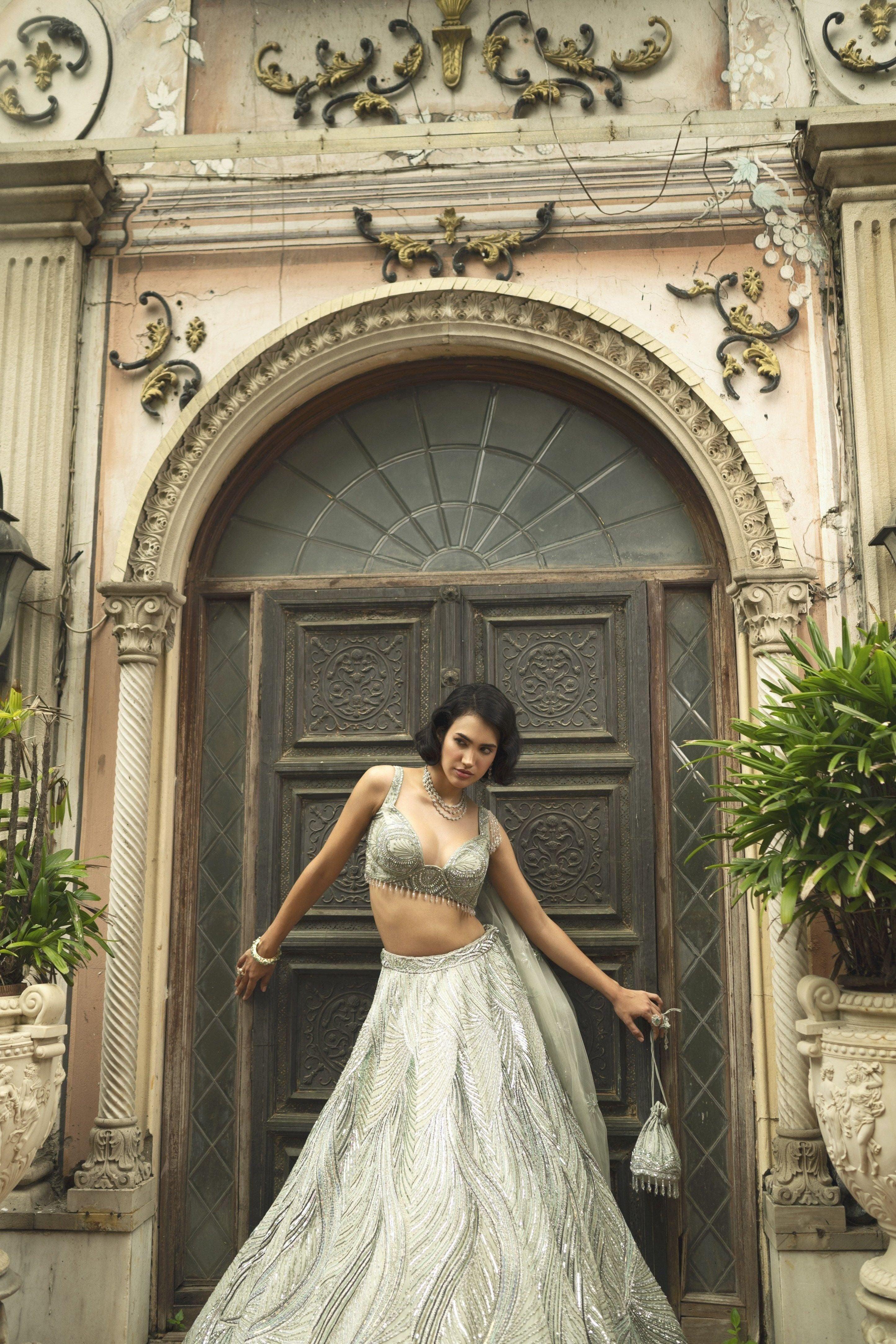 Green Georgette Embroidered Lehenga Set - Mokshaa