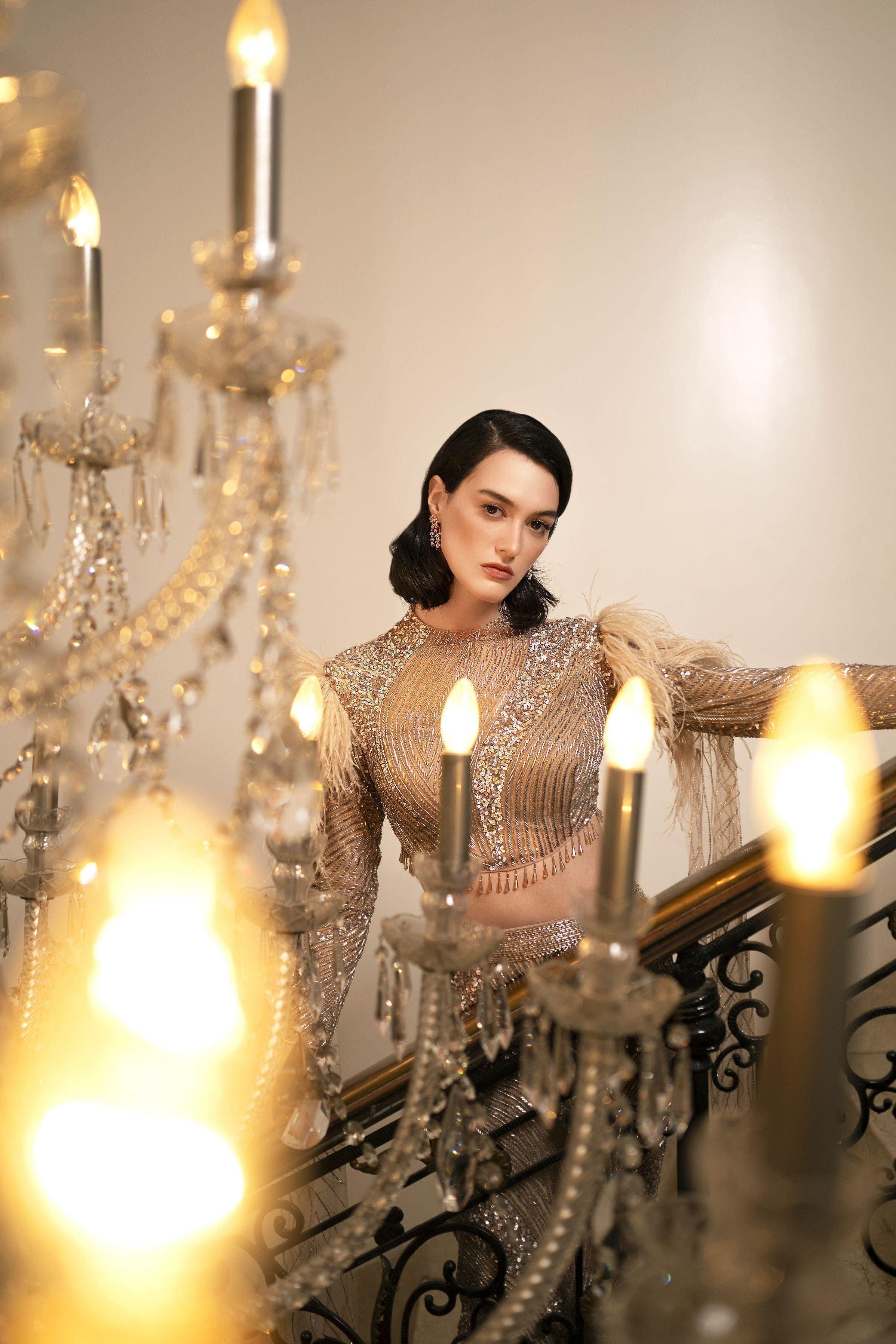 Glamorous Embellished skirt and blouse with Feathered Sleeves - Mokshaa