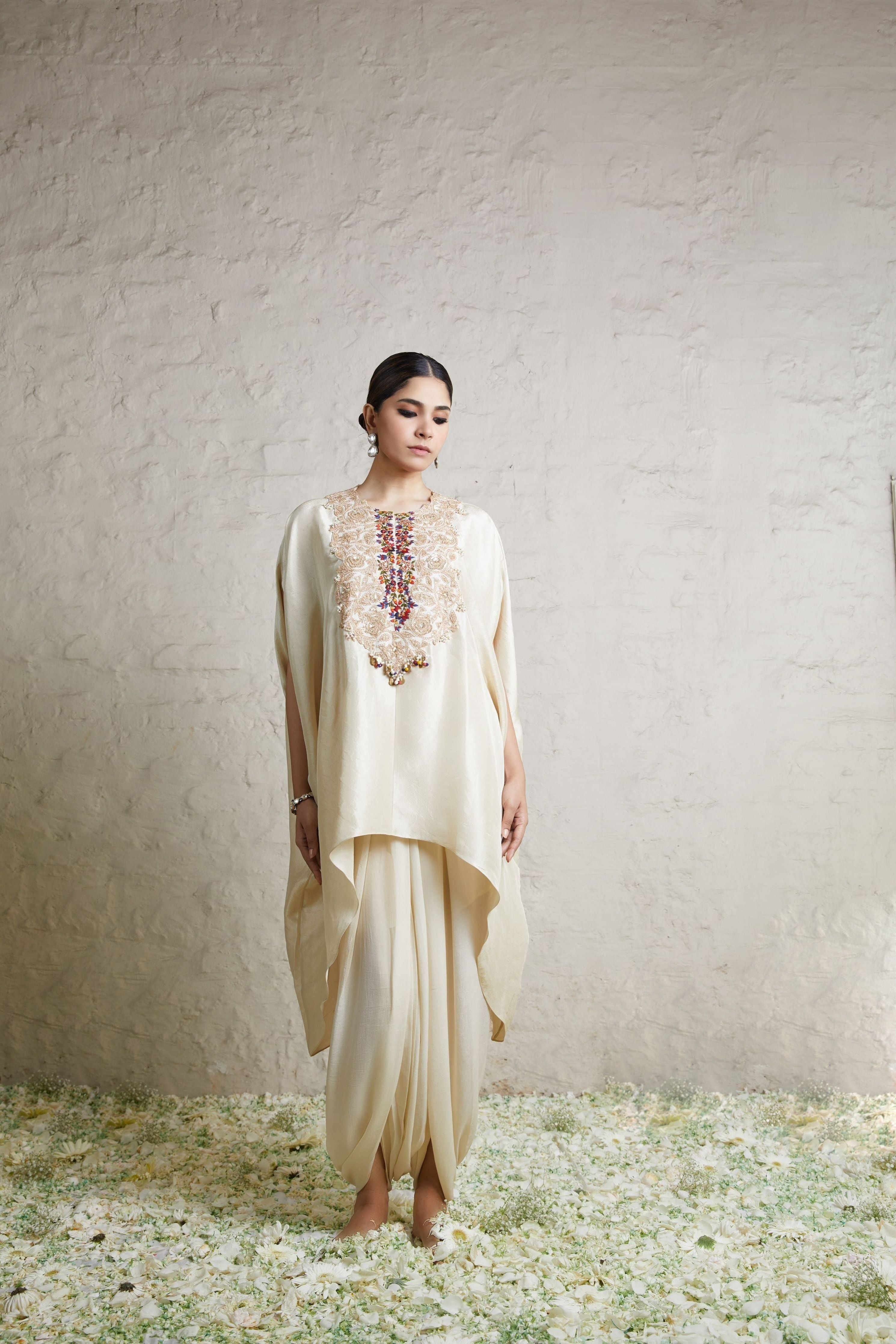 Ivory silk kaftaan with crepe dhoti Mokshaa