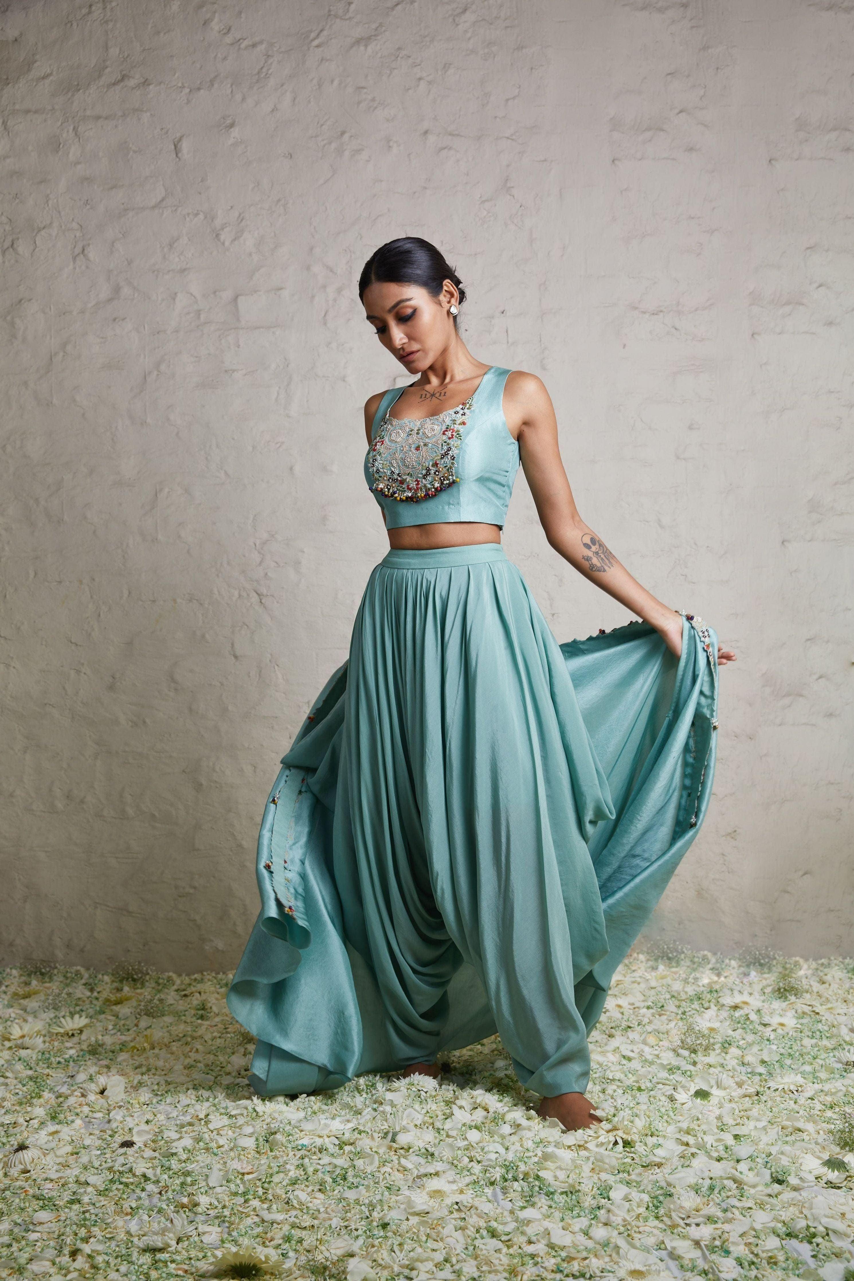 Aqua silk blouse with silk jacket and crepe dhoti Mokshaa