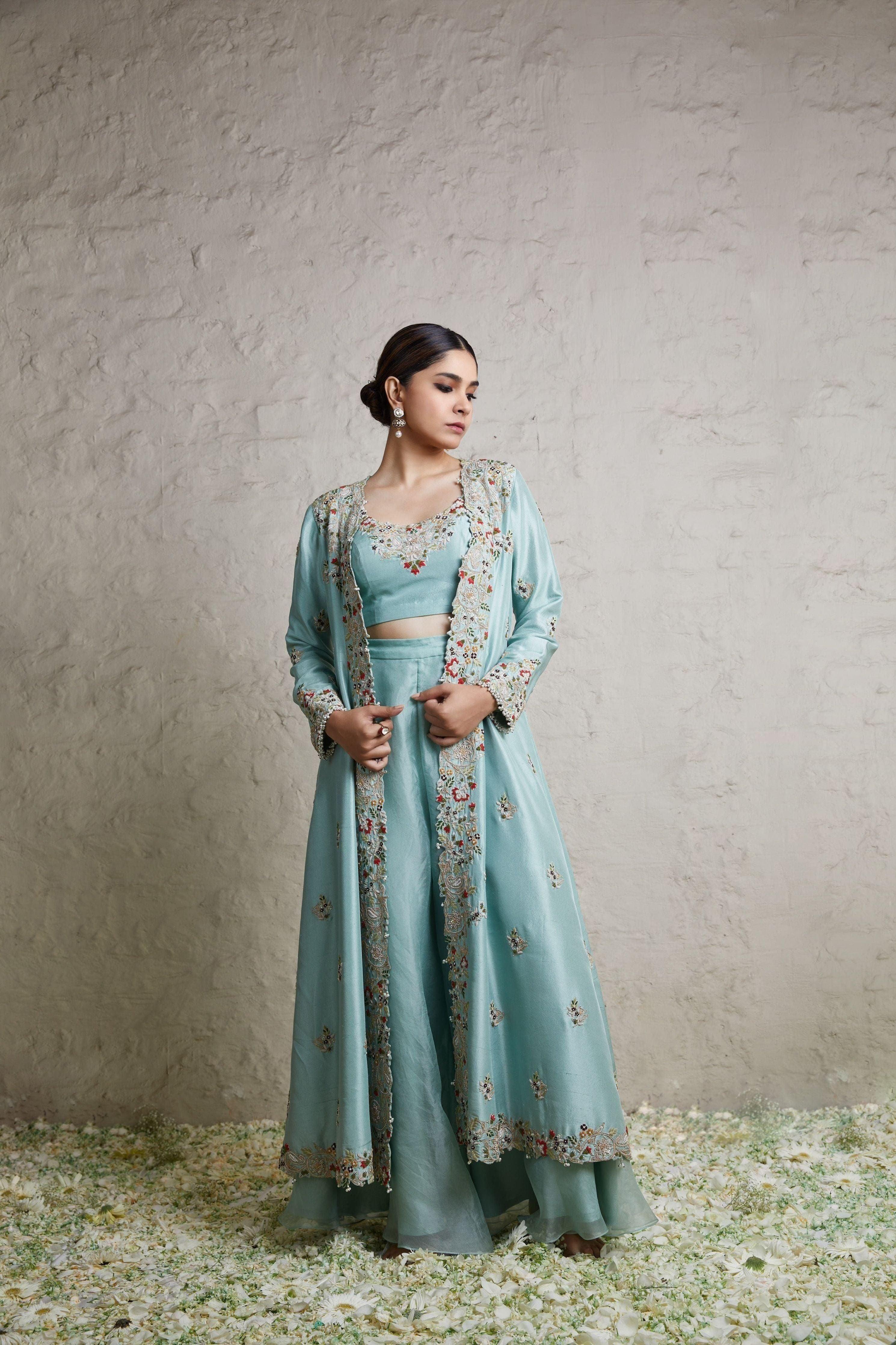 Aqua silk blouse with silk jacket and organza sharara Mokshaa