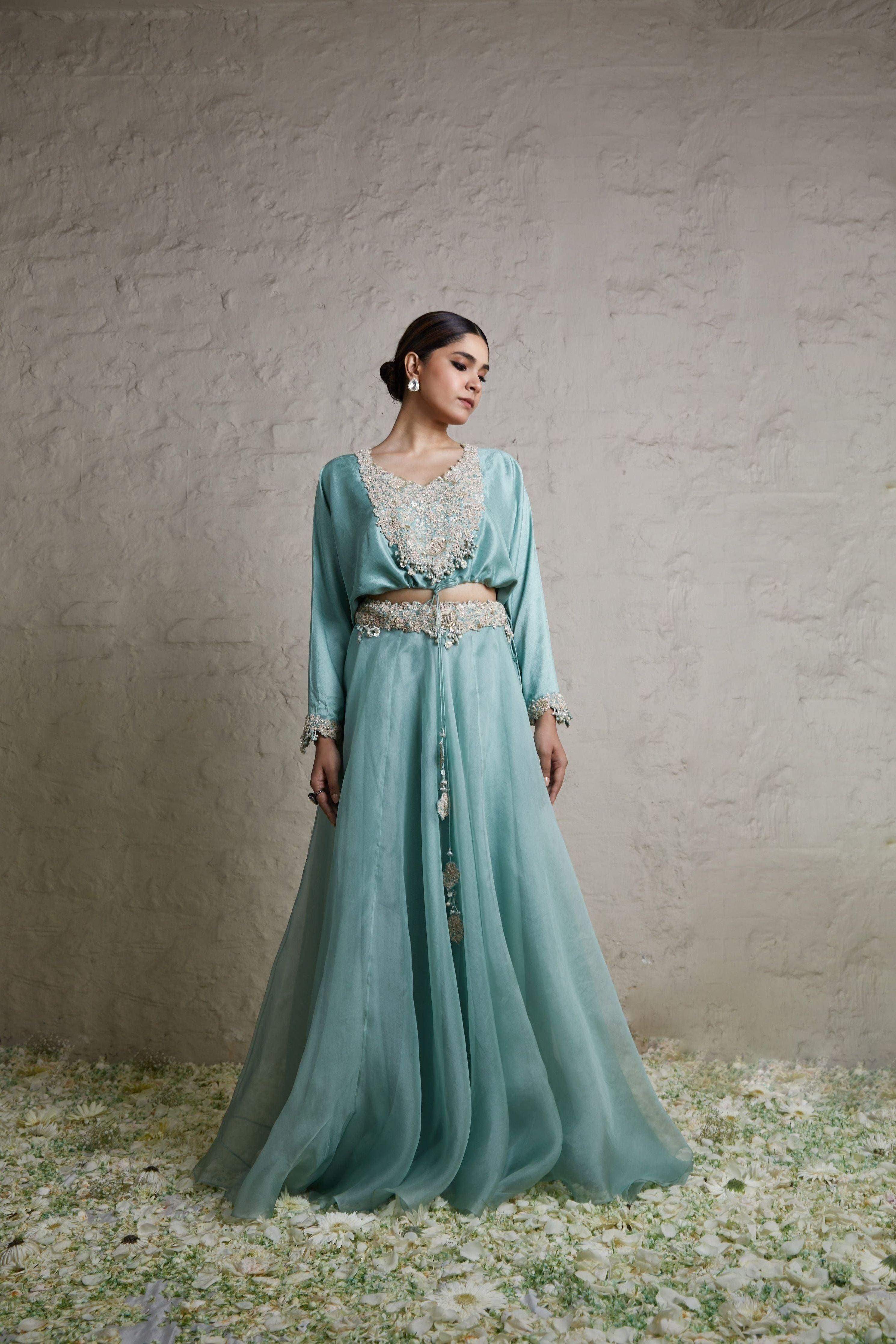 Aqua silk blouse with organza skirt Mokshaa