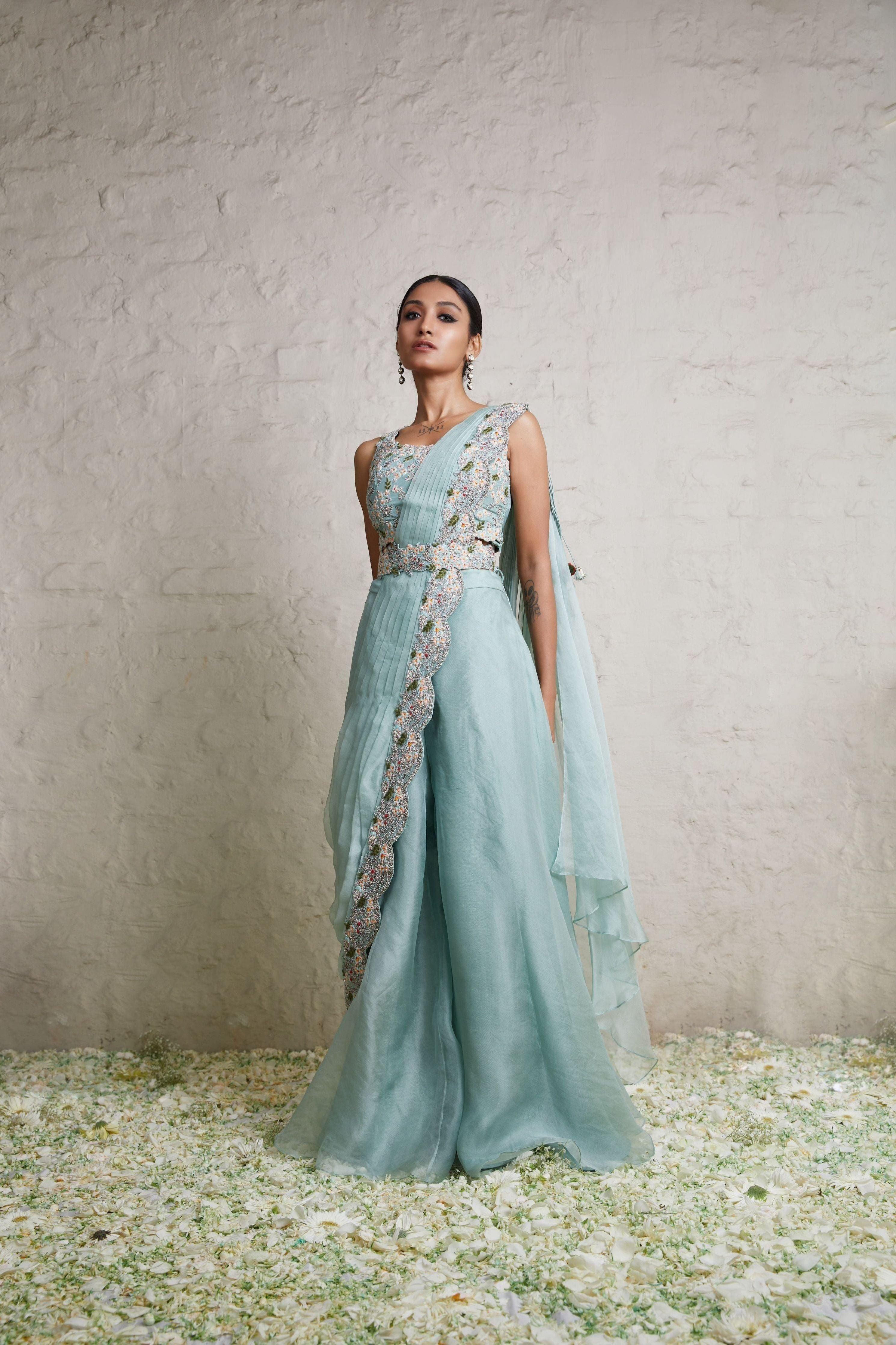 Aqua silk blouse with organza drape and organza sharara  Mokshaa