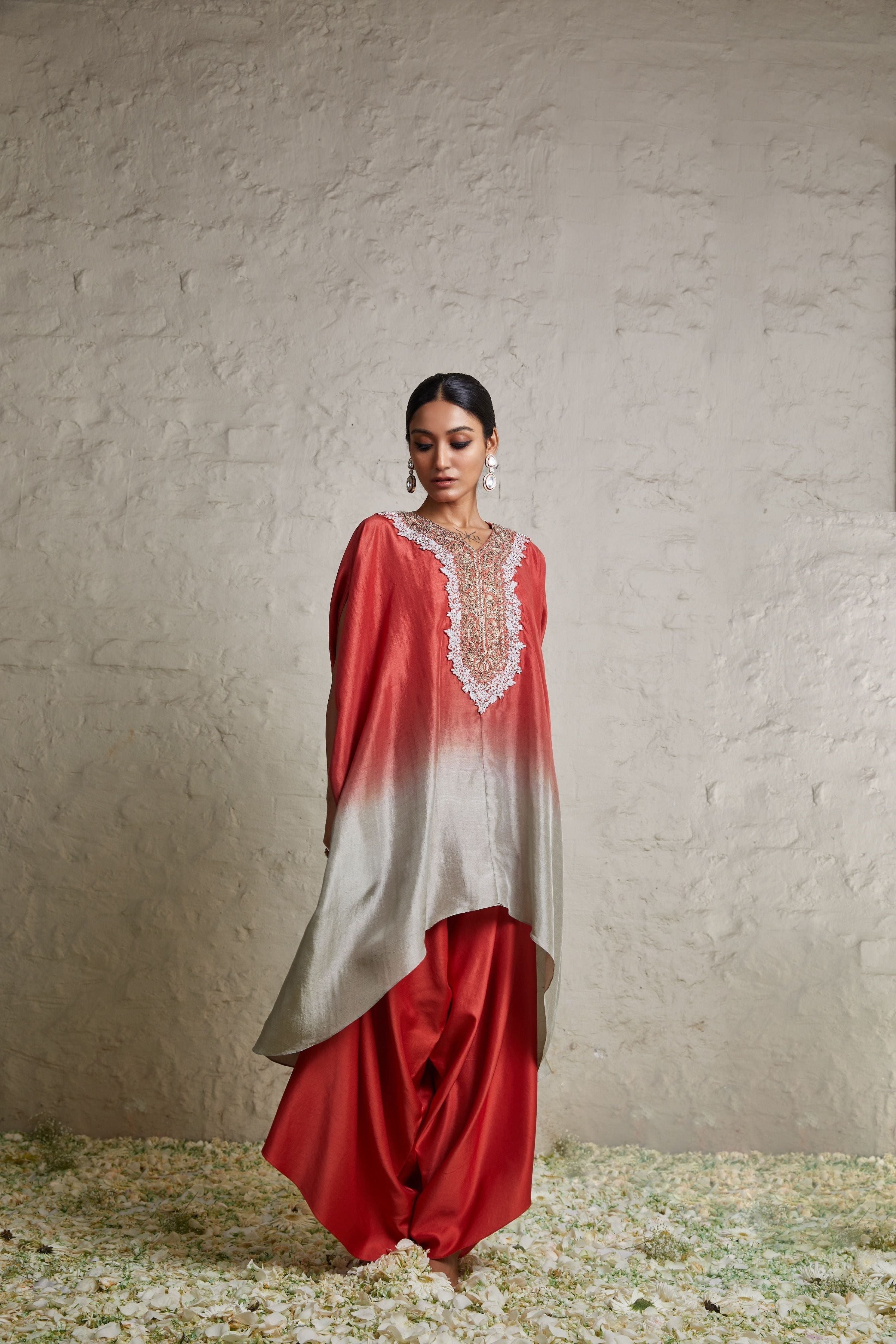 Burnt orange silk Ombre kaftaan with cotton satin asymmetric pant Mokshaa