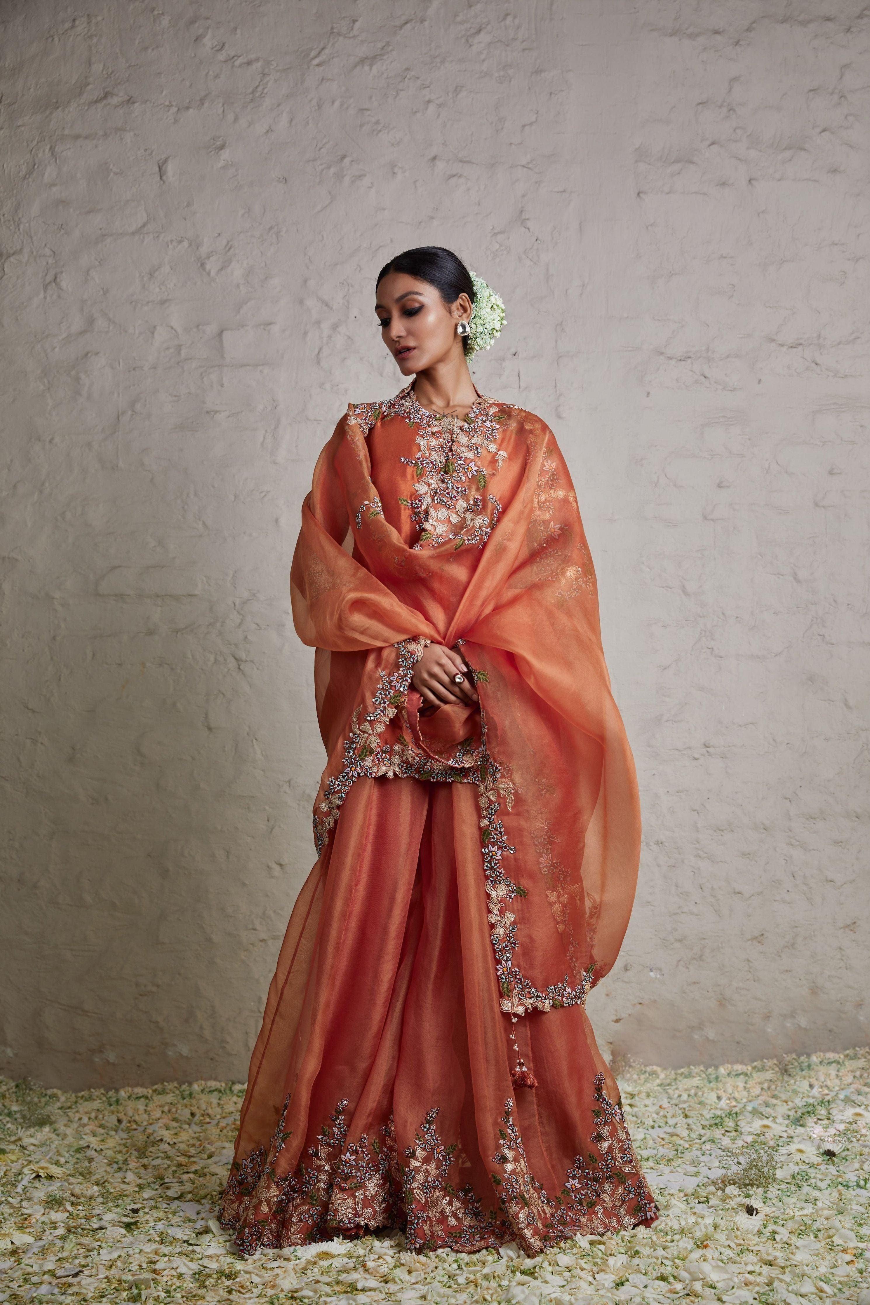 Burnt orange silk kurta with organza sharara and organza dupatta Mokshaa