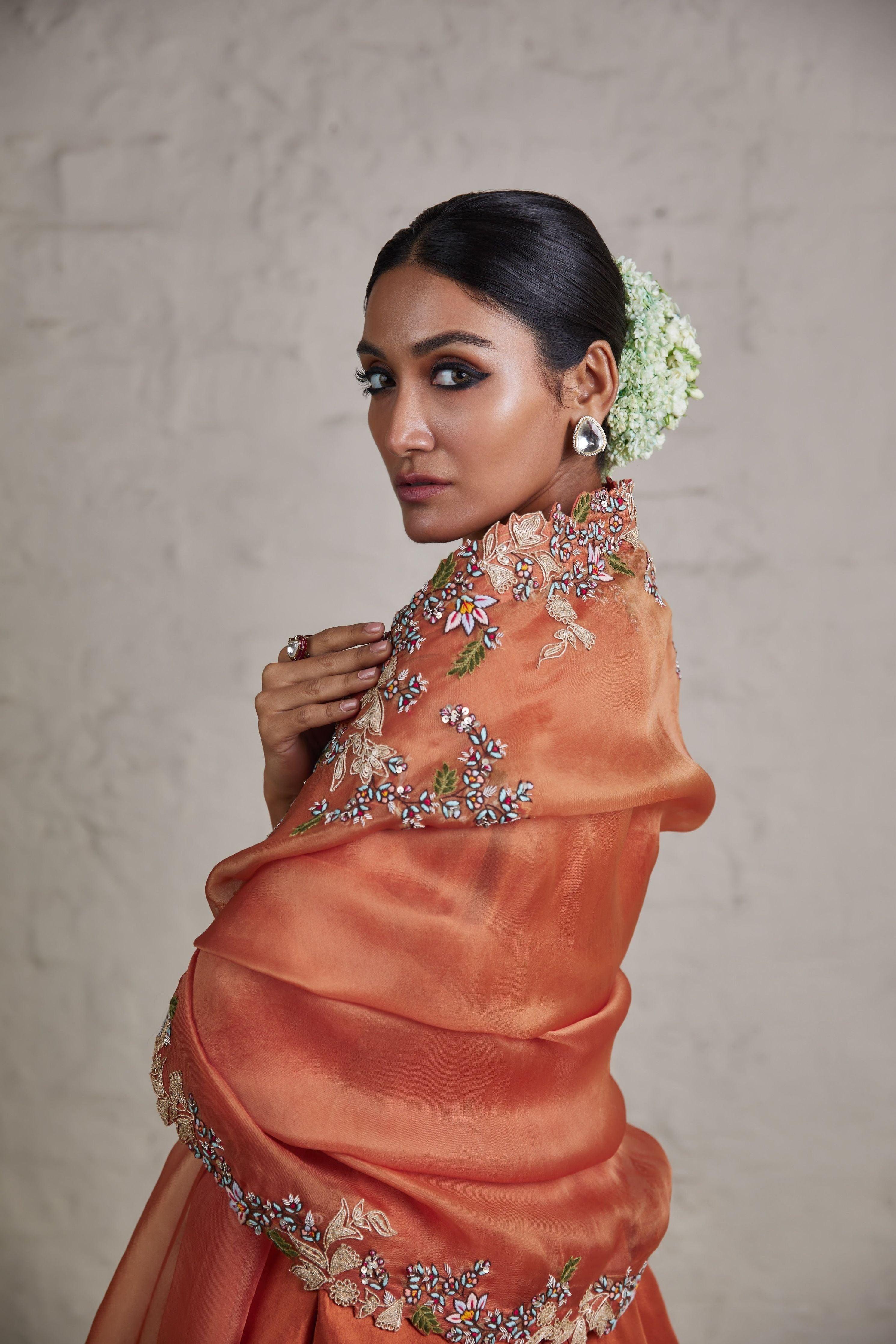 Burnt orange silk kurta with organza sharara and organza dupatta Mokshaa